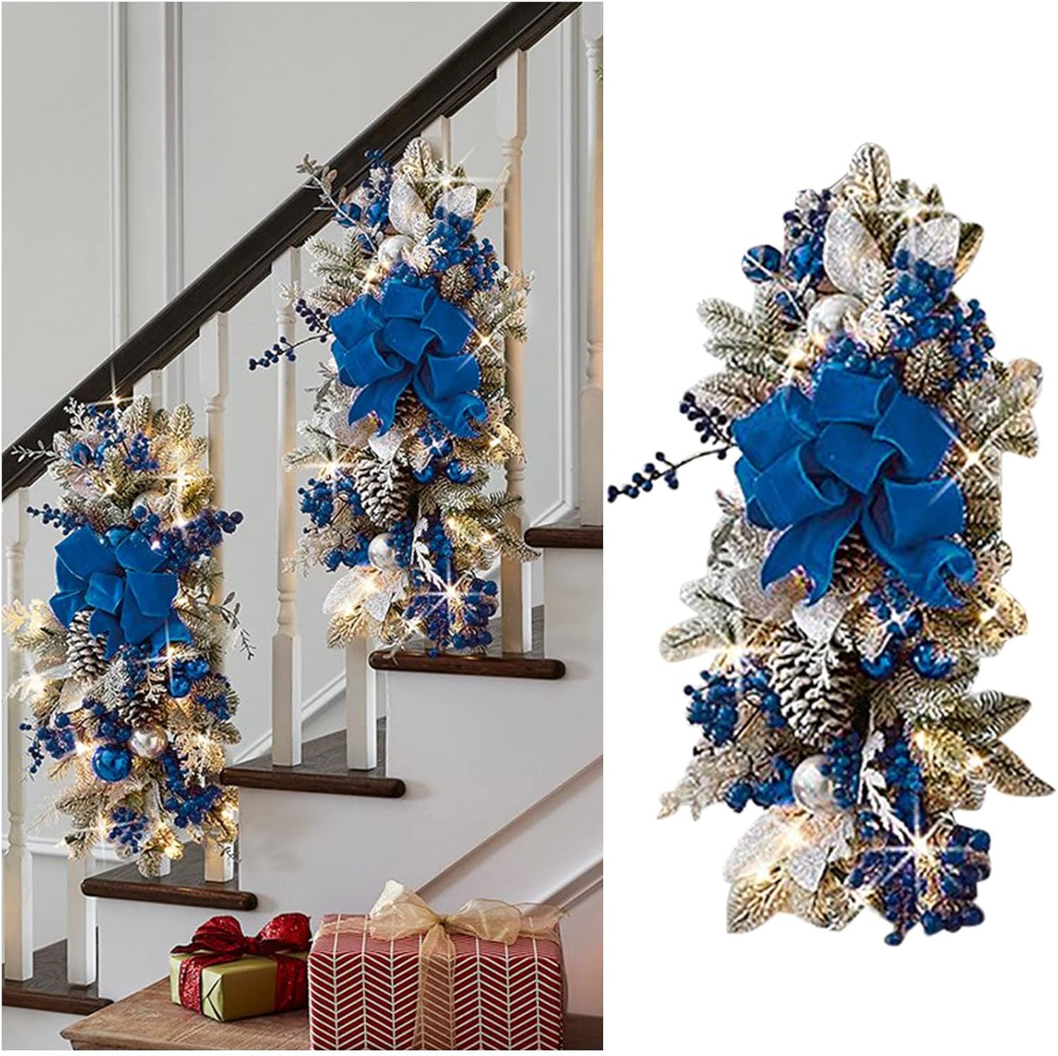 Guirnalda de lágrima artificial de Navidad, luces LED, adornos preiluminados, decoración de corona de escalera, decoración colgante para pared,