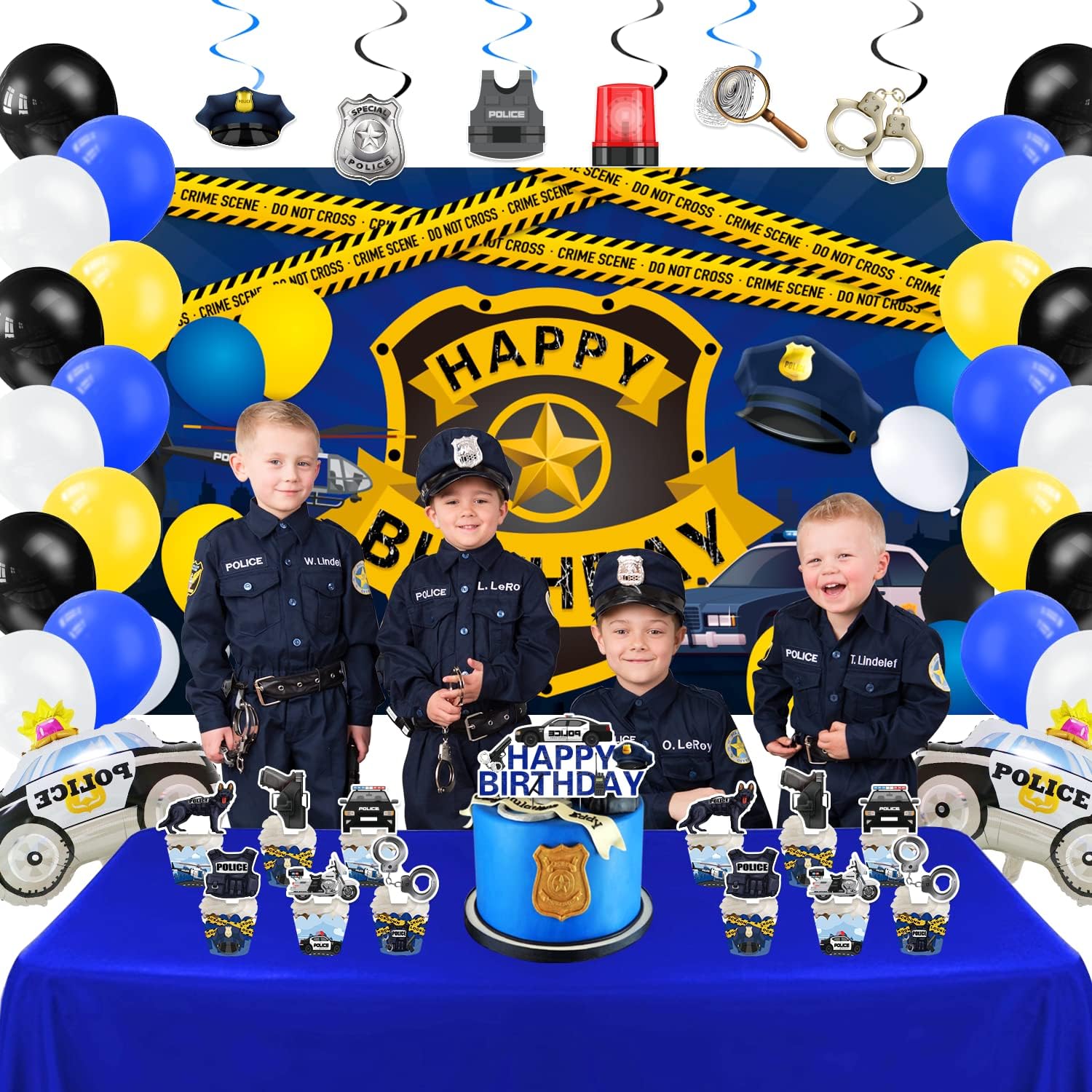 Suministros de fiesta de cumpleaños de policía, 159 piezas de decoración de fiesta de autos de policía para niñas y niños – telón de fondo,