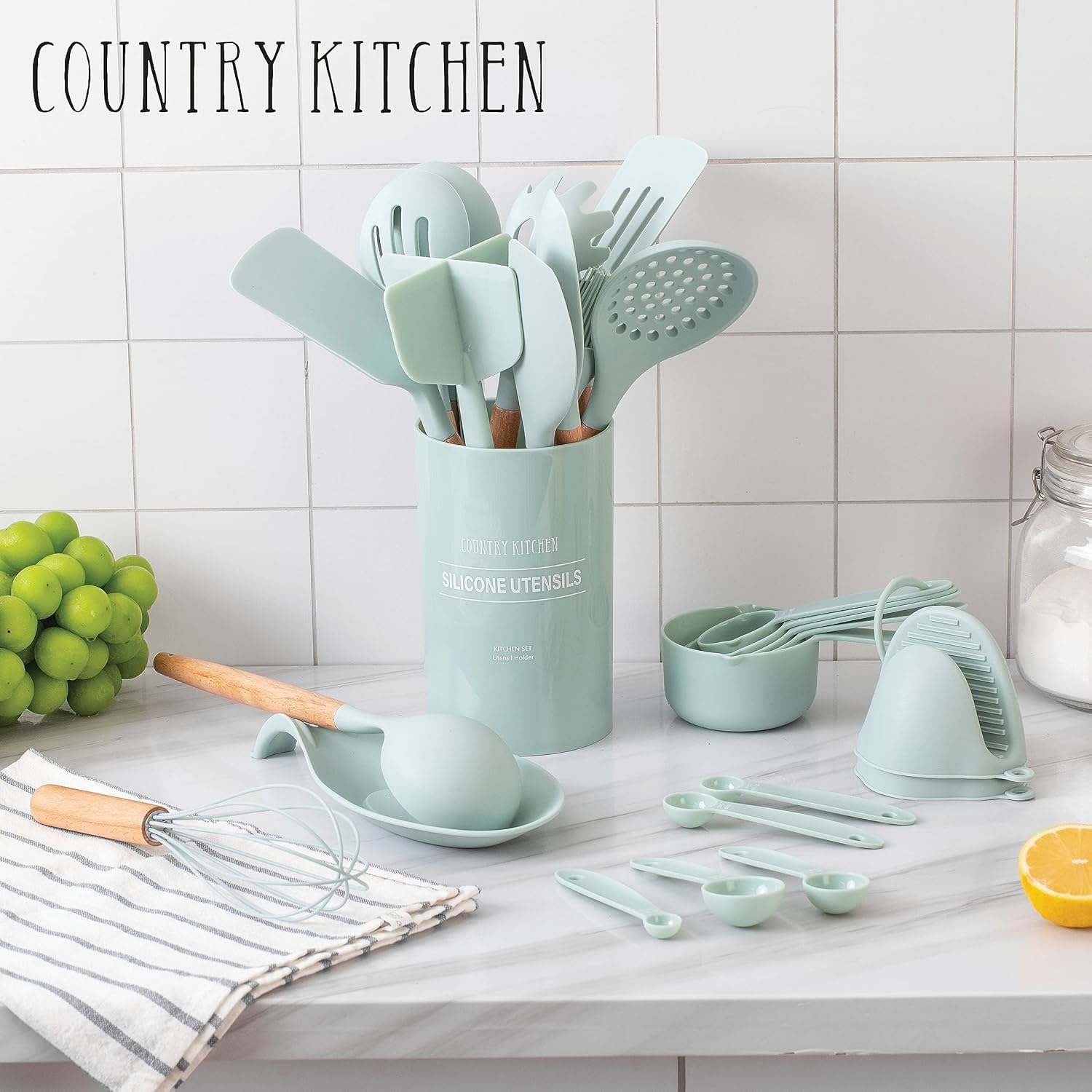 Country Kitchen Juego de utensilios de cocina  Juego de 38 espátulas de silicona antiadherentes con soporte, asas de madera y utensilios resistentes