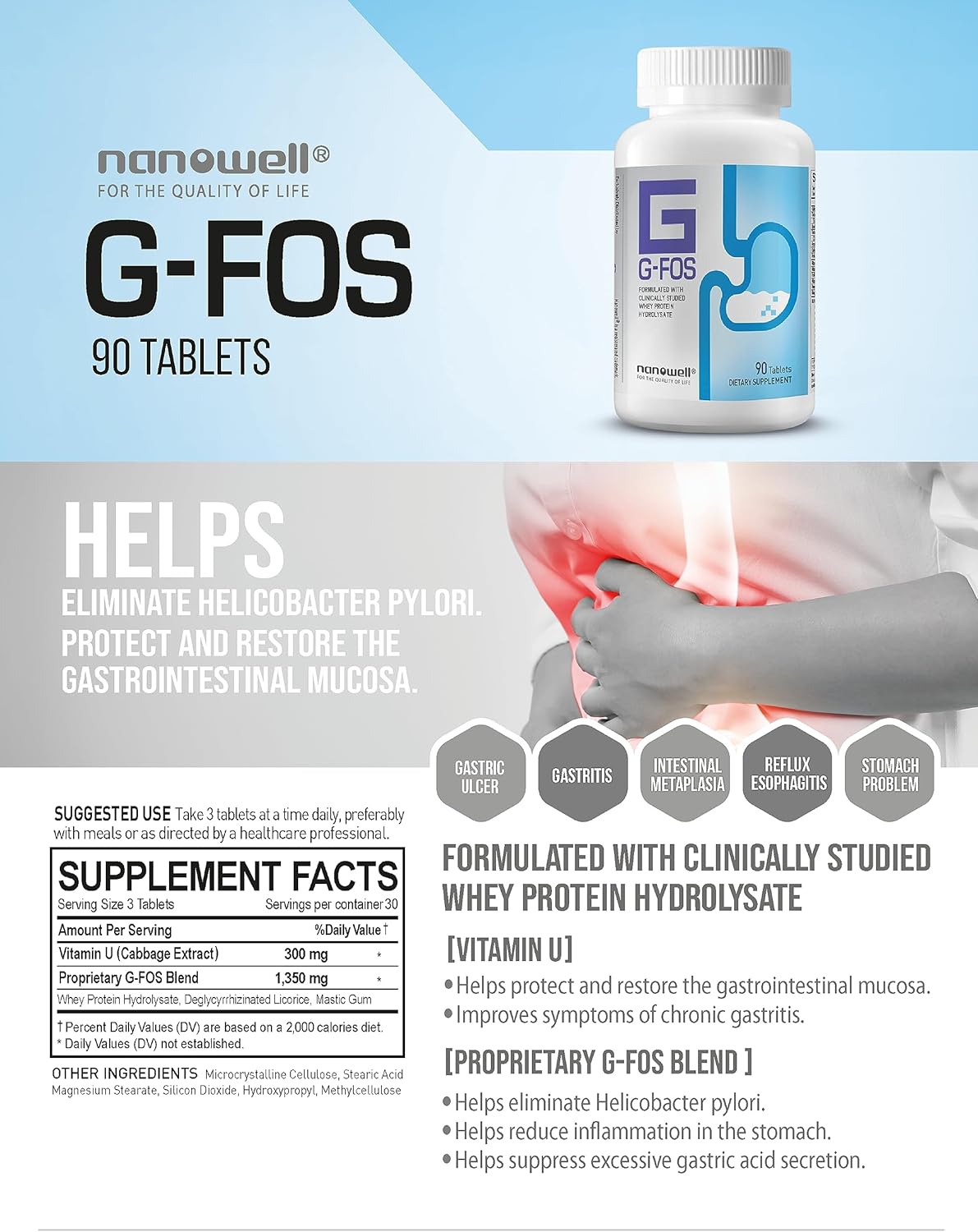 NANOWELL Suplemento de salud digestiva G-FOS, vitamina U, 90 tabletas x 2 botellas durante 2 meses (180 unidades)