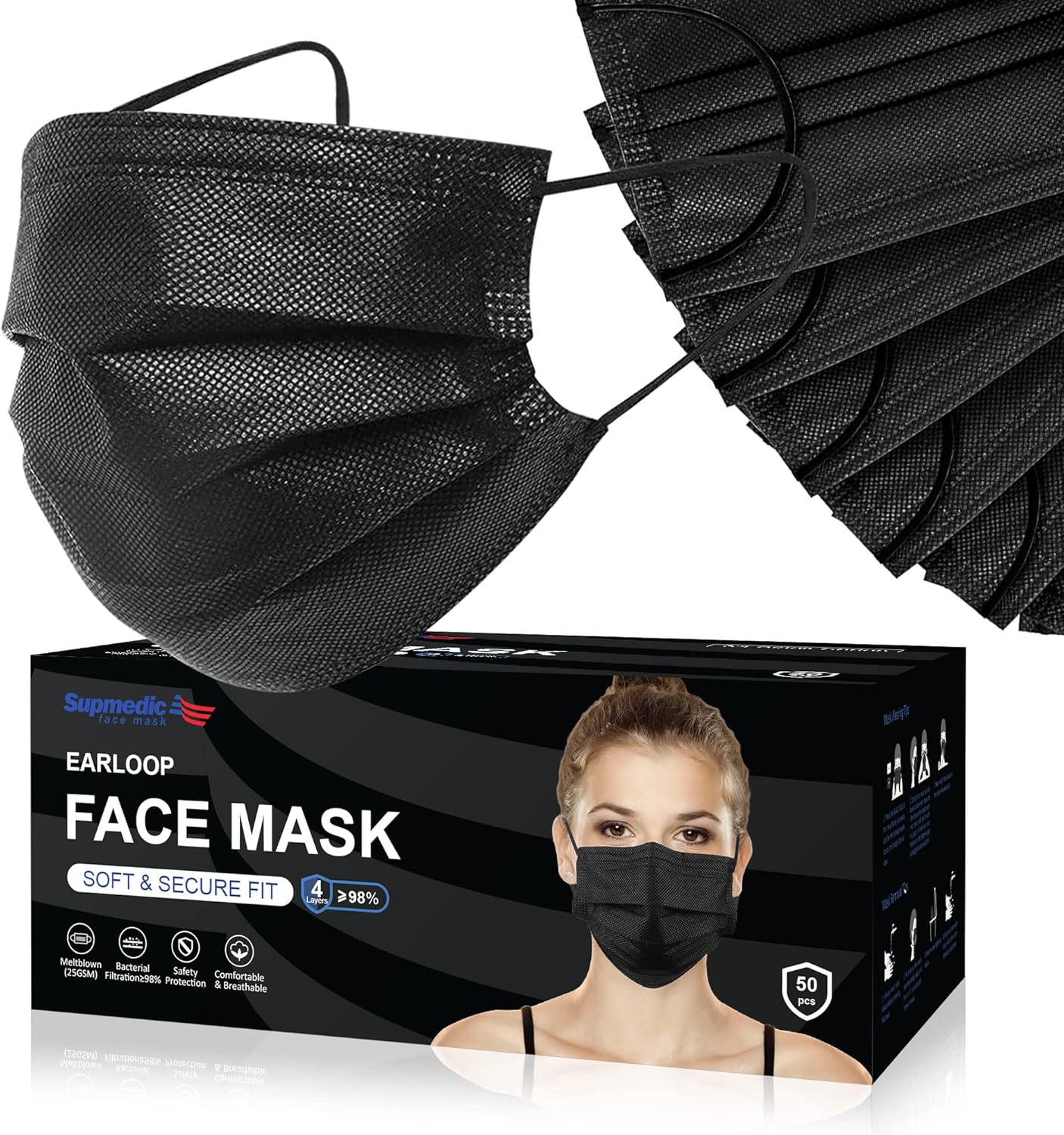 Cubrebocas desechables de 4 capas, transpirables, color negro, 50 unidades, 100 unidades (negro)