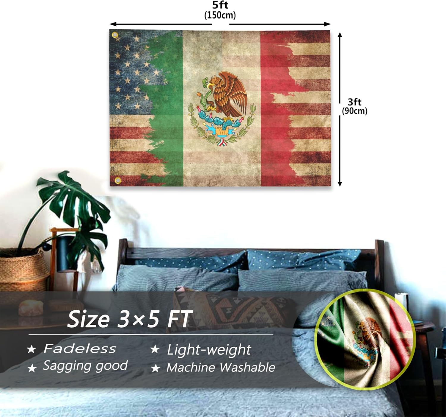 Bandera de México de 3 x 5 pies, bandera retro de la amistad mexicano-americana de doble cara para casa, interior y exterior, pancarta patriótica