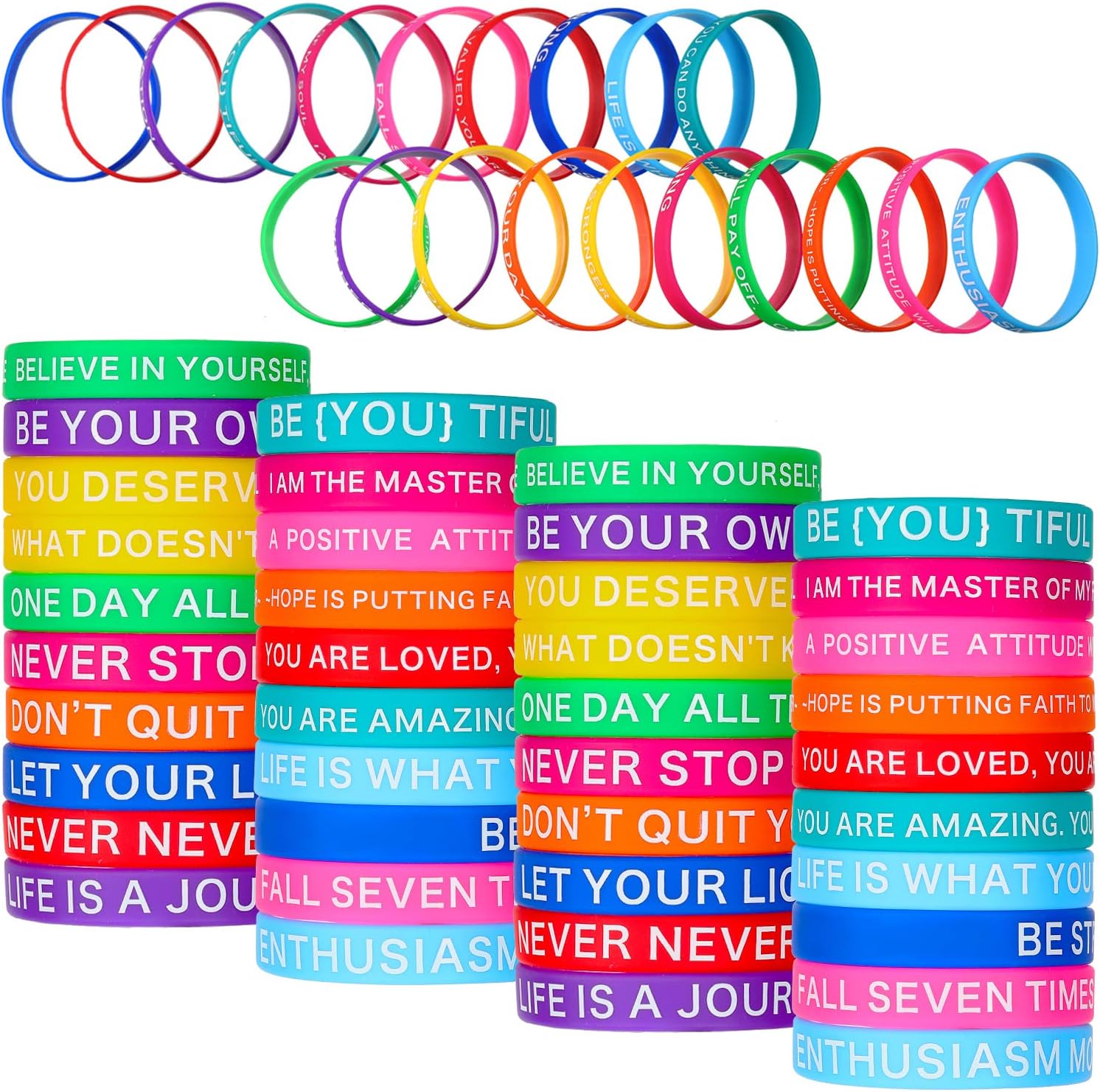 100 pulseras de silicona con cita motivacional, pulseras de goma inspiradoras de colores, pulseras elásticas unisex para mujeres, hombres, niños y