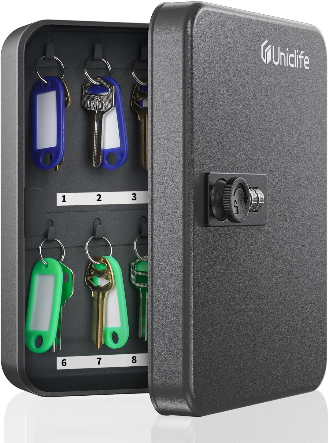 Uniclife Gabinete de llaves de 20 posiciones con cerradura de combinación reiniciable, caja de almacenamiento de seguridad digital negra,
