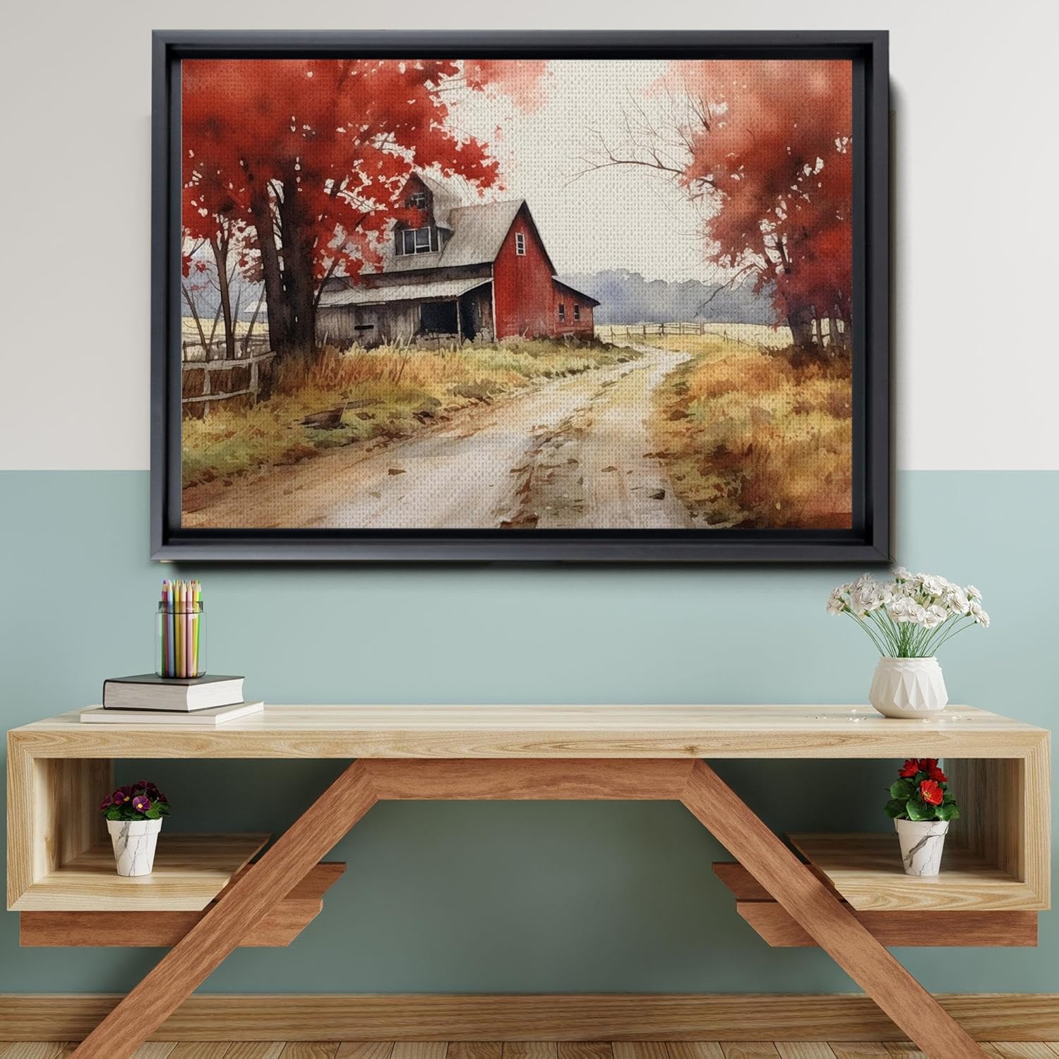 Farmhouse Red Barn Wall Art – Country Landscape with Flowers in Watercolor – Museum Quality Canvas or Art Print