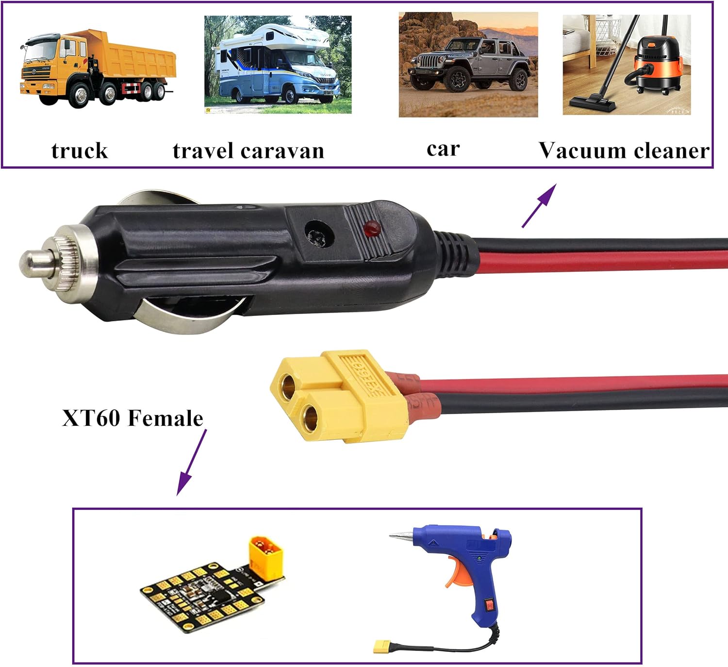 AOTOKK – Cable adaptador XT60 para encendedor de cigarrillos, 16 AWG XT60 hembra a encendedor de cigarrillos, cable de carga macho para dispositivo