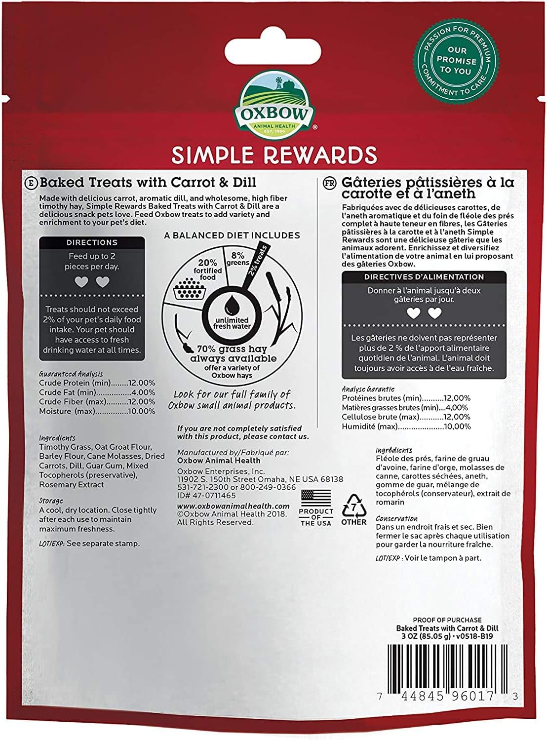 Oxbow Paquete de 3 golosinas para mascotas pequeñas de zanahoria y eneldo Simple Rewards, 3 onzas cada uno, con heno