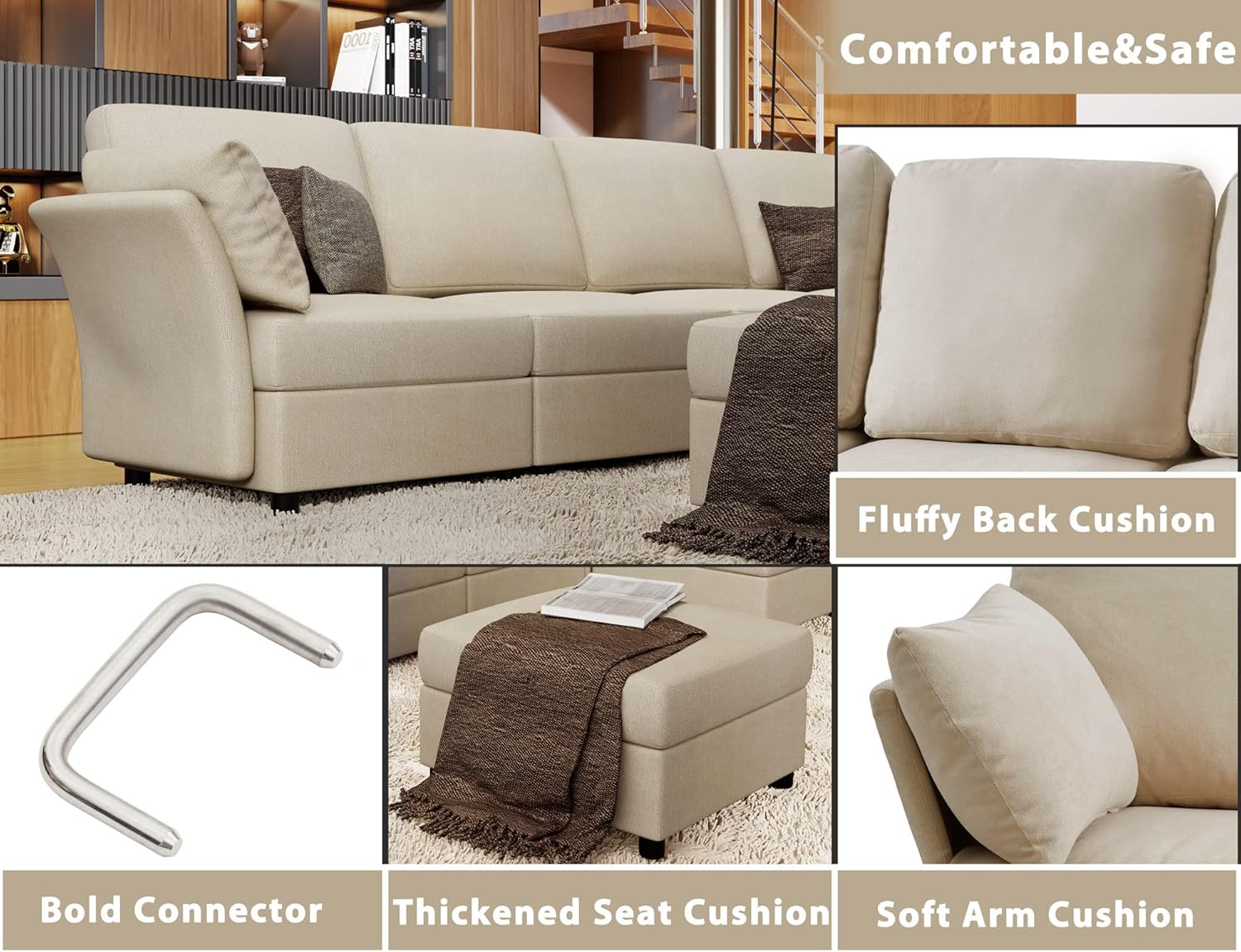 VanAcc Sofá modular de 9 asientos, sofá modular modular en forma de U con otomanas, sofá reversible para sala de estar, felpilla beige