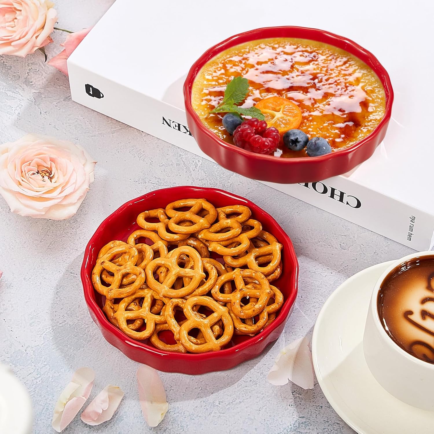6 piezas de ramequines de 8 onzas aptas para horno, para creme brulee, platos de crema brulee, platos de porcelana para hornear quiche redondos para