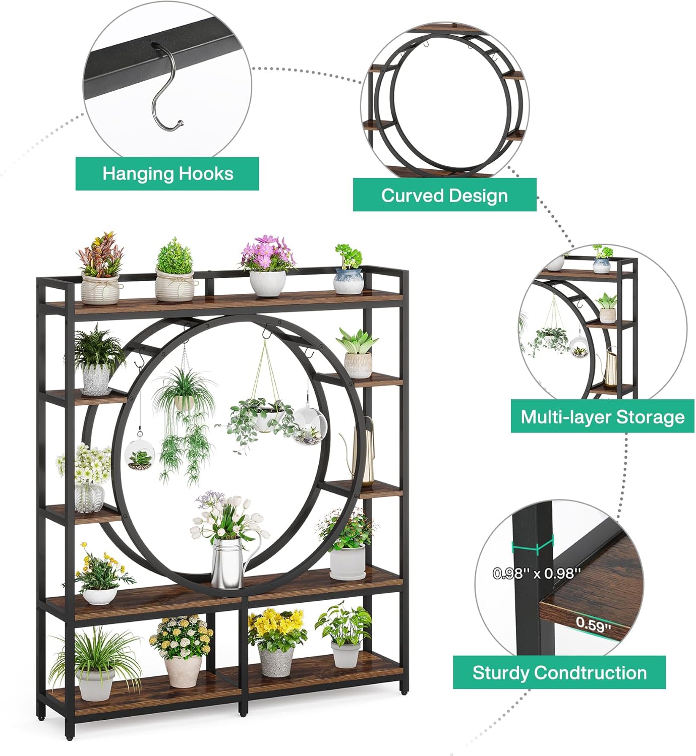 Tribesigns Soporte alto para plantas de 5 niveles para interiores, soporte de metal grande de 59 pulgadas de ancho con 4 ganchos para colgar,