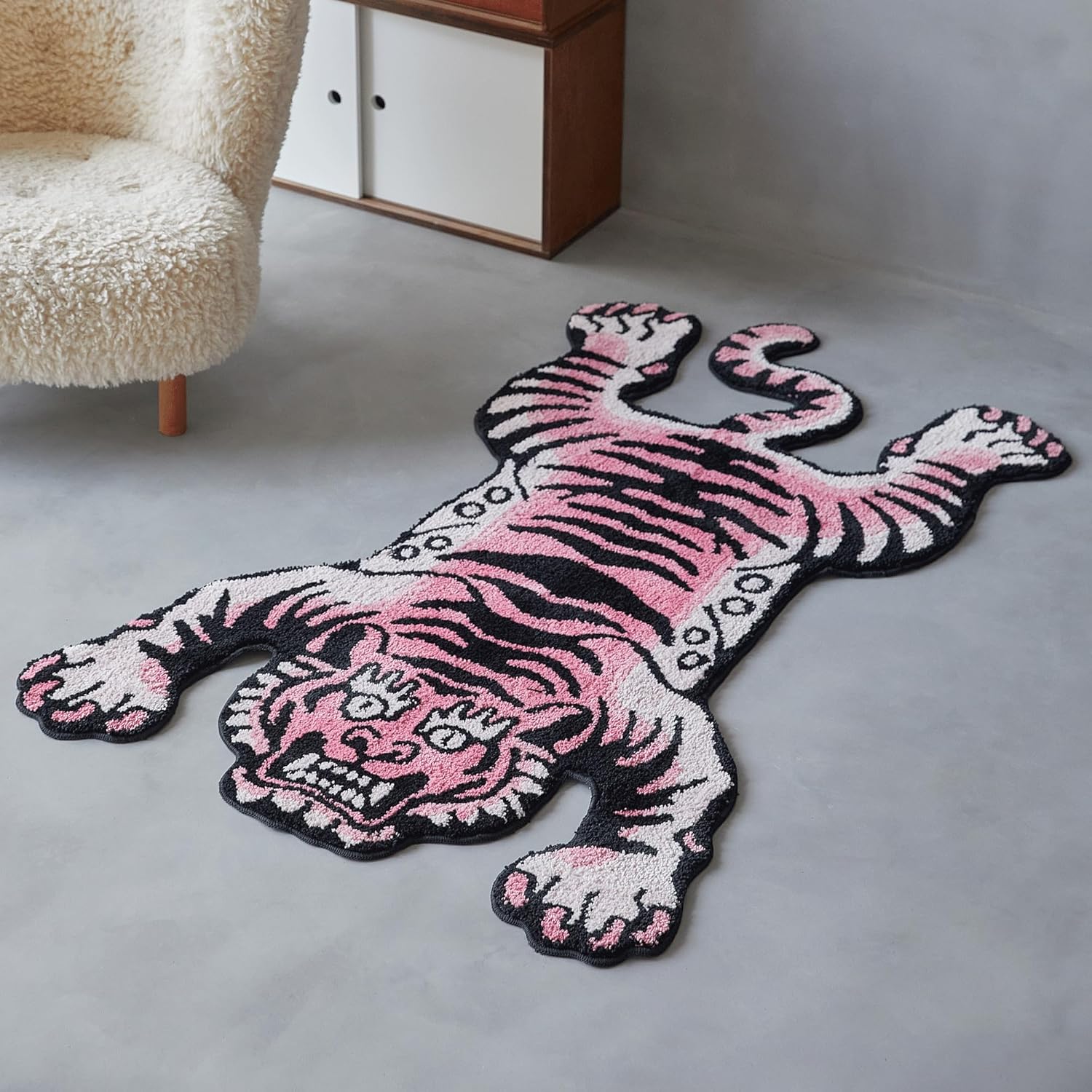 Alfombra de área de tigre tibetano de 5 x 3.3 pies, tamaño XL, lavable a máquina, con respaldo antideslizante de caucho termoplástico (TPR) para