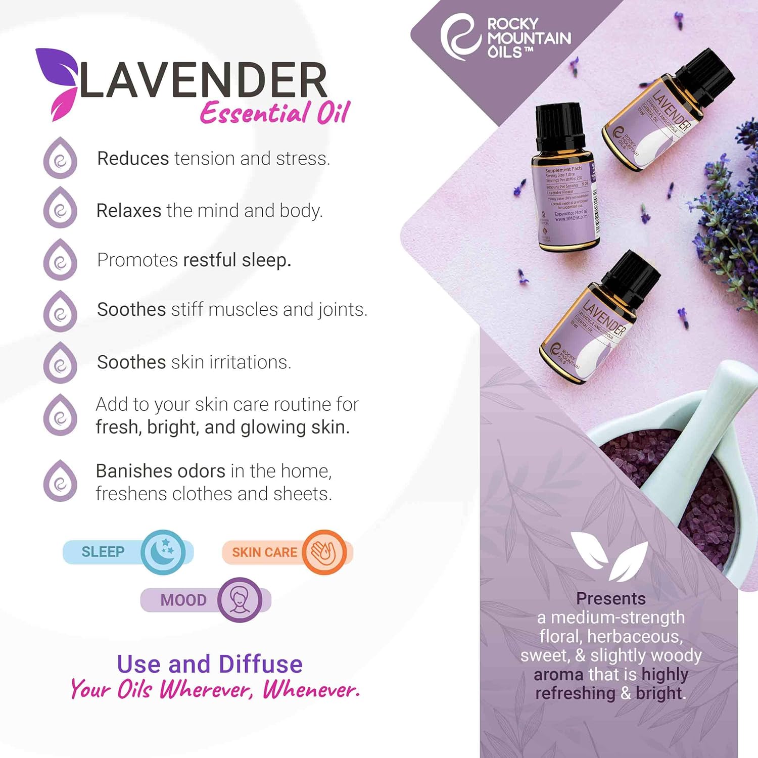 Rocky Mountain Oils Purify Lavender – Aceite esencial orgánico para difusor y aromaterapia, perfecto para hotel, spa, sueño