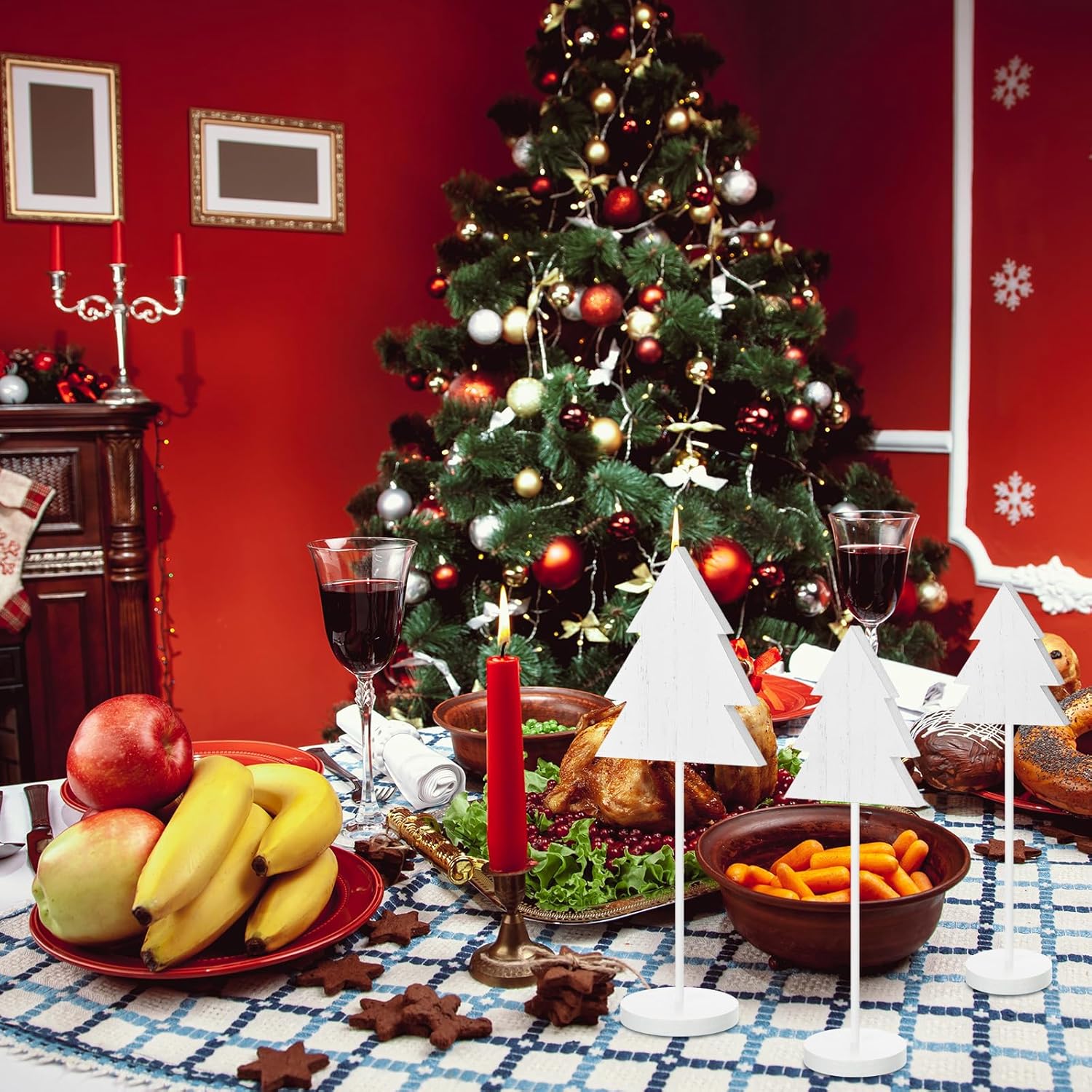 3 piezas de decoración de mesa de Navidad de pie alto blanco madera árbol de Navidad letreros de mesa de madera de Navidad decoración rústica centro