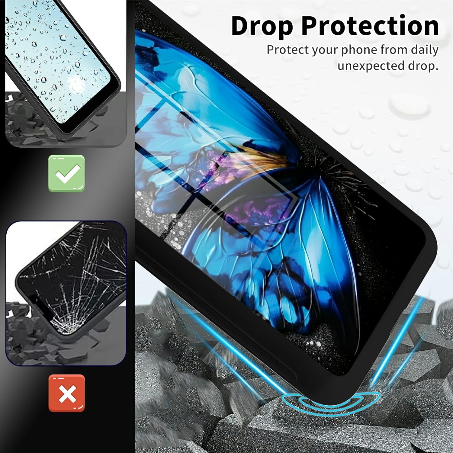 Funda para Moto G Stylus 5G 2023 de vidrio templado, funda negra con diseño de mariposa azul para mujeres y hombres, antiarañazos, a prueba de