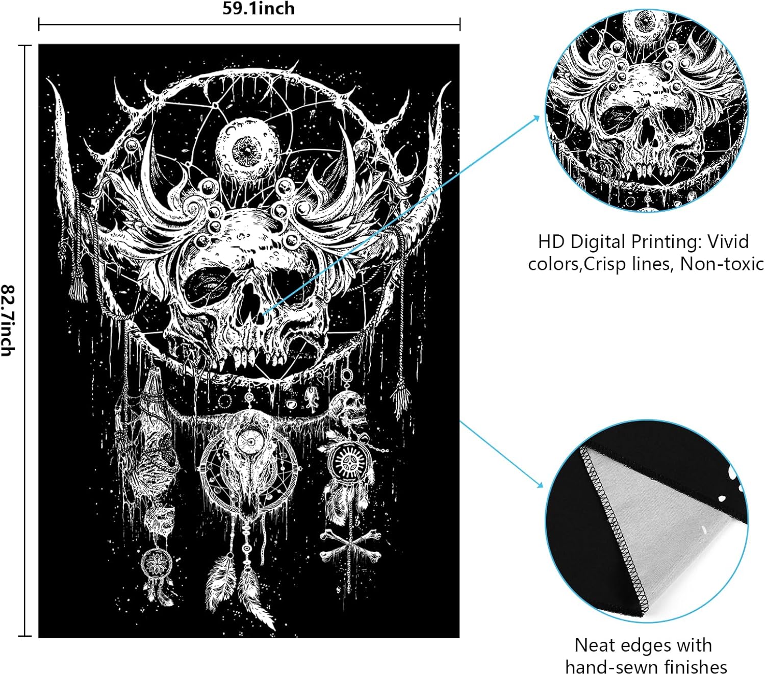 Livole Tapiz de calavera en blanco y negro, tapiz de esqueleto gótico, ojos hippies, tapiz de atrapasueños, tapiz de demonio diablo, tapiz para