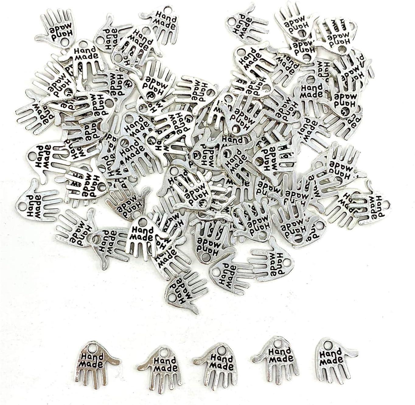 JIALEEY 100 dijes en forma de mano hechos a mano, letreros tallados en tono plateado para hacer joyas de moda, hallazgos, manualidades, costura,