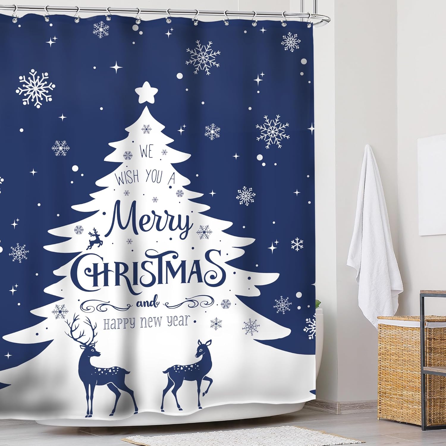 Glawry Cortina de ducha con diseño de árbol de Navidad, copos de nieve azules, renos, nieve, invierno, vacaciones, feliz año nuevo, estética, para
