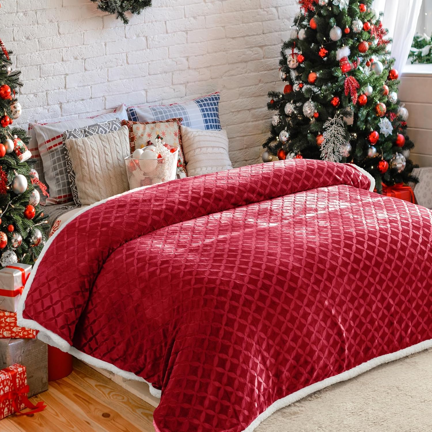 inhand Manta de sherpa suave de Navidad, manta roja cálida, acogedora manta reversible de franela de vellón para sofá, cama, manta grande de felpa