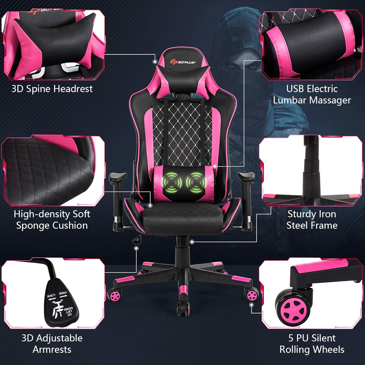Silla de juegos  Silla ergonómica reclinable con soporte lumbar de masaje, silla de computadora de piel sintética para jugadores de oficina y hogar,