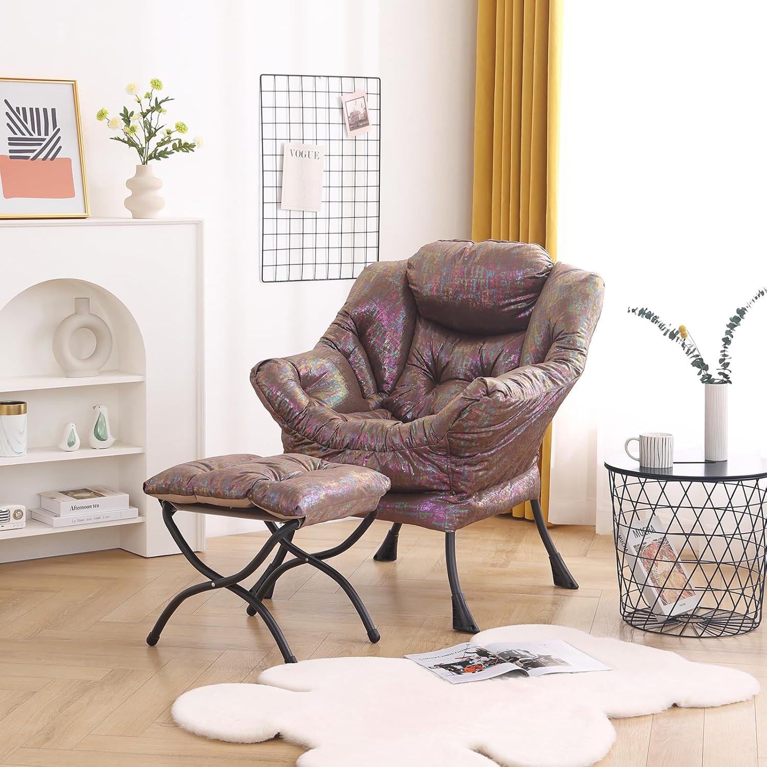 LITA Silla Lazy con otomana, moderna silla tapizada para ocio, silla de lectura con reposabrazos y un bolsillo lateral para sala de estar,