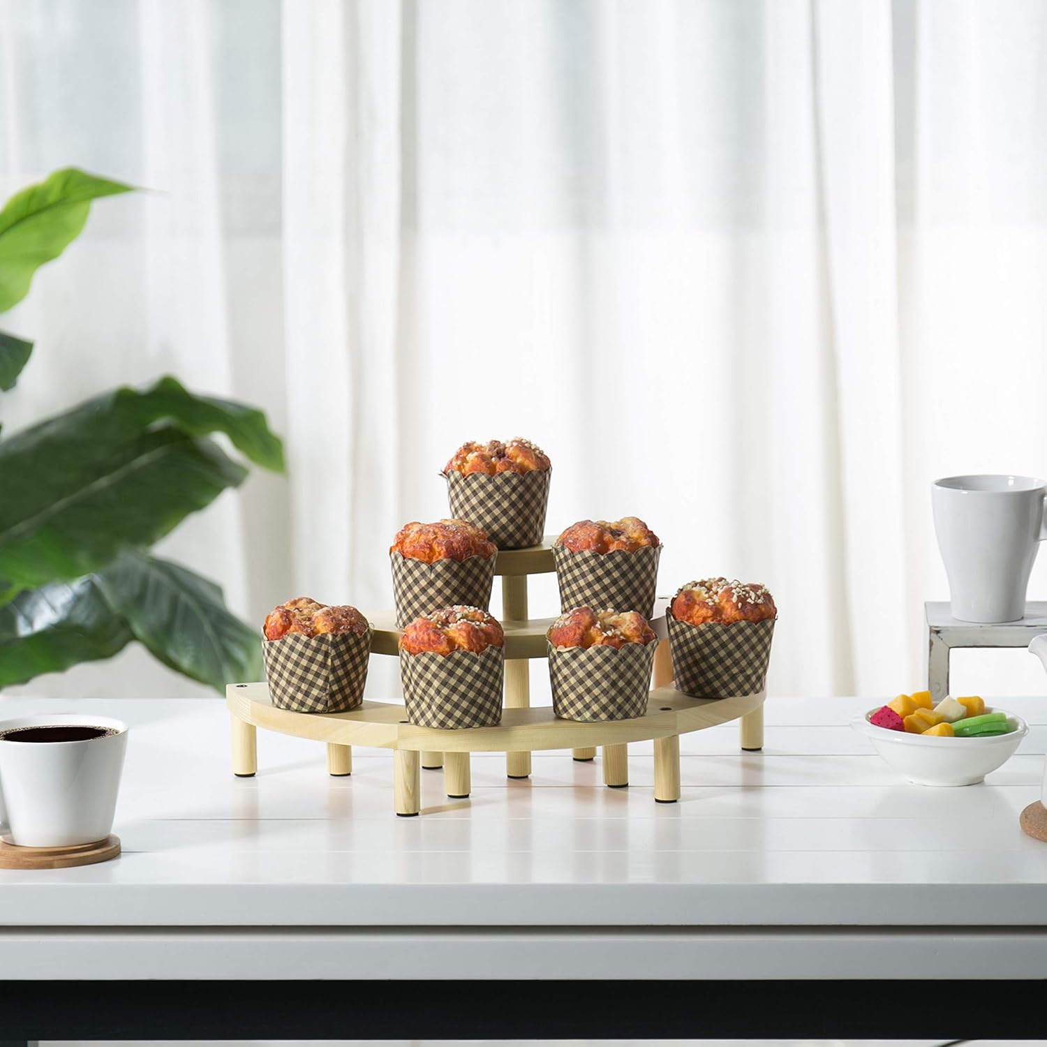 MyGift Soporte para cupcakes de 3 niveles, de madera natural, semicírculo, postre y aperitivo, juego de 3 piezas