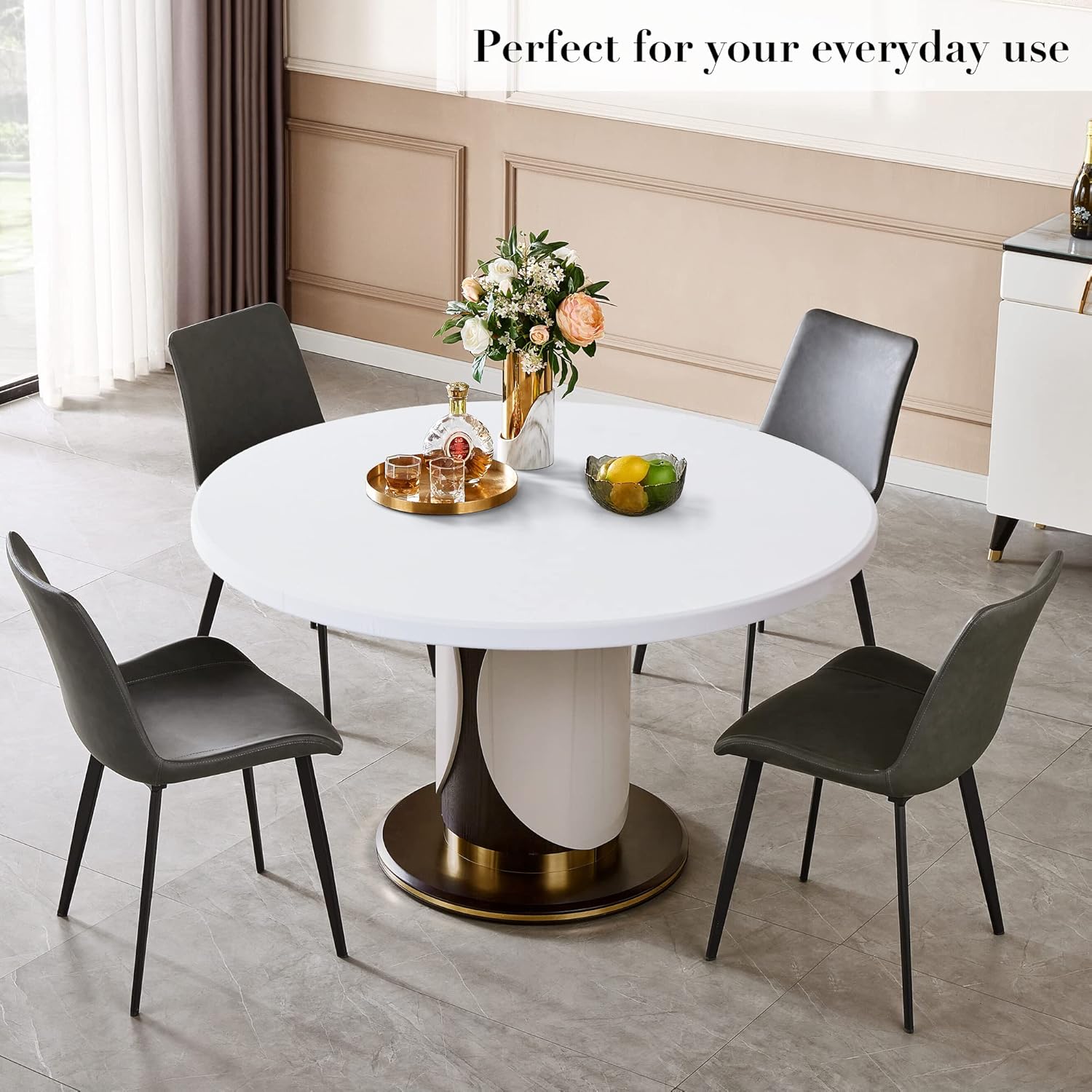 Mantel ajustable blanco para mesas redondas, paquete de 2 manteles elásticos reversibles, impermeable, resistente a las manchas, para uso en