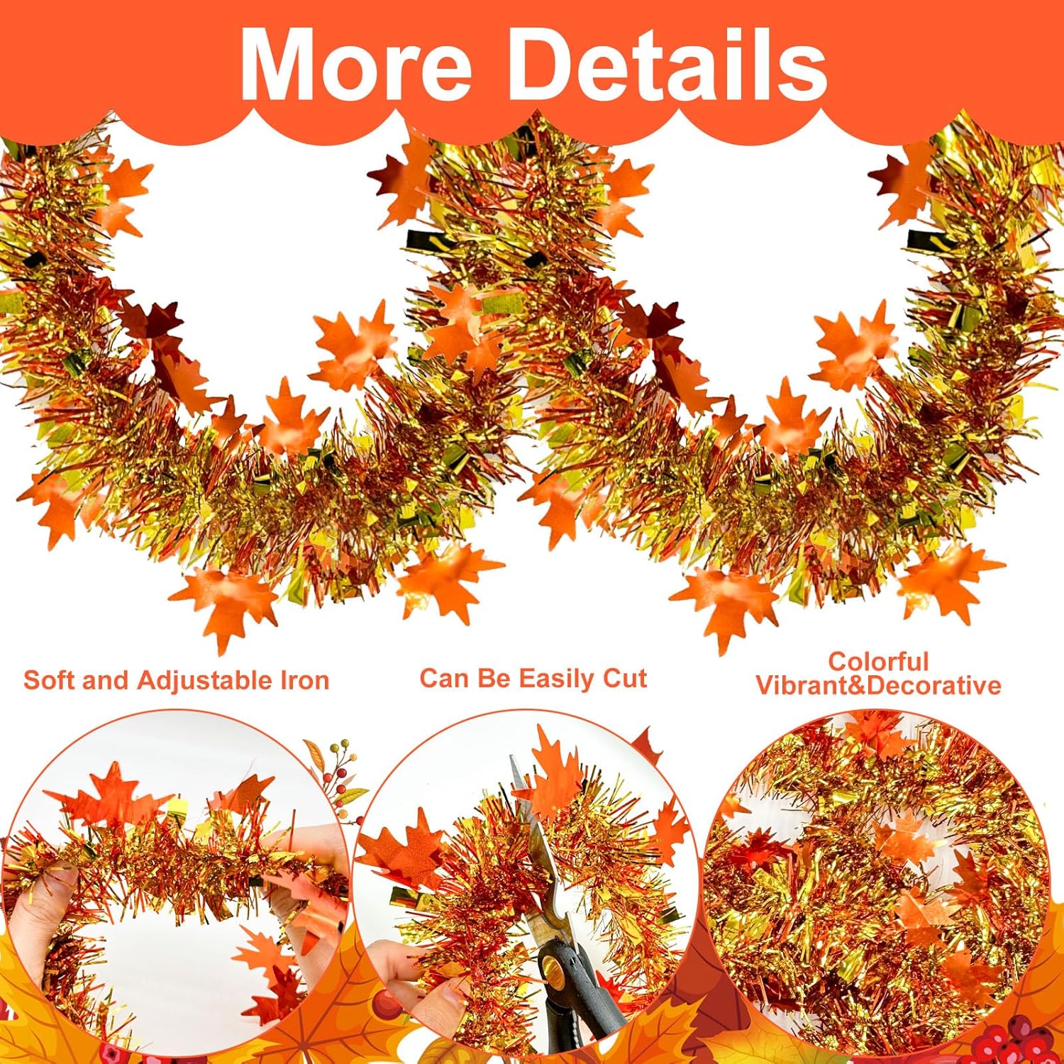 Decoraciones de otoño, guirnalda de oropel con purpurina de 33 pies, 40 luces LED de hojas de arce, hojas de arce artificiales para boda, calabaza,