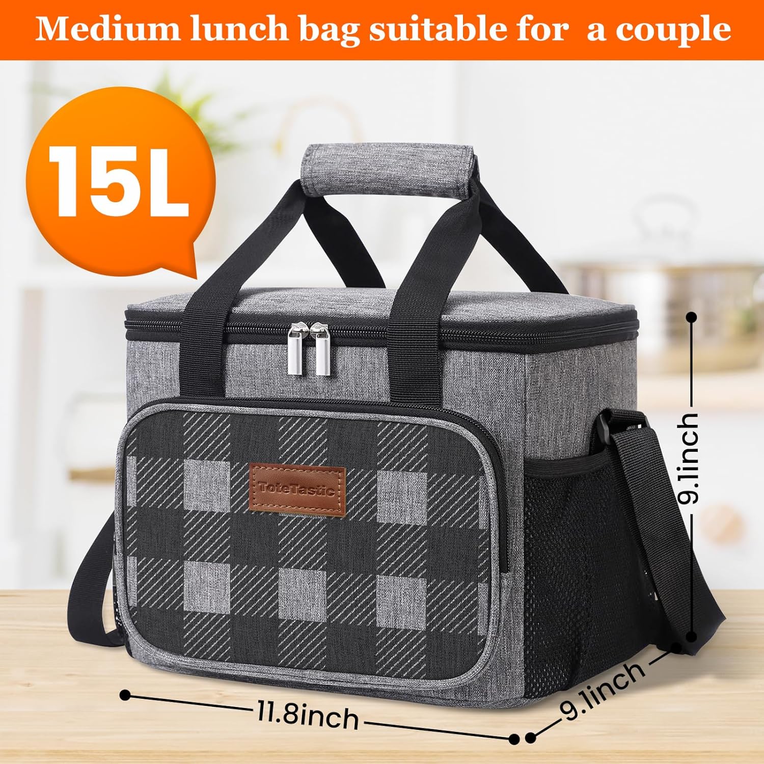 Lonchera reutilizable aislada para mujereshombres, bolsa de almuerzo a prueba de fugas con correa ajustable para el hombro, bolsillo frontal con