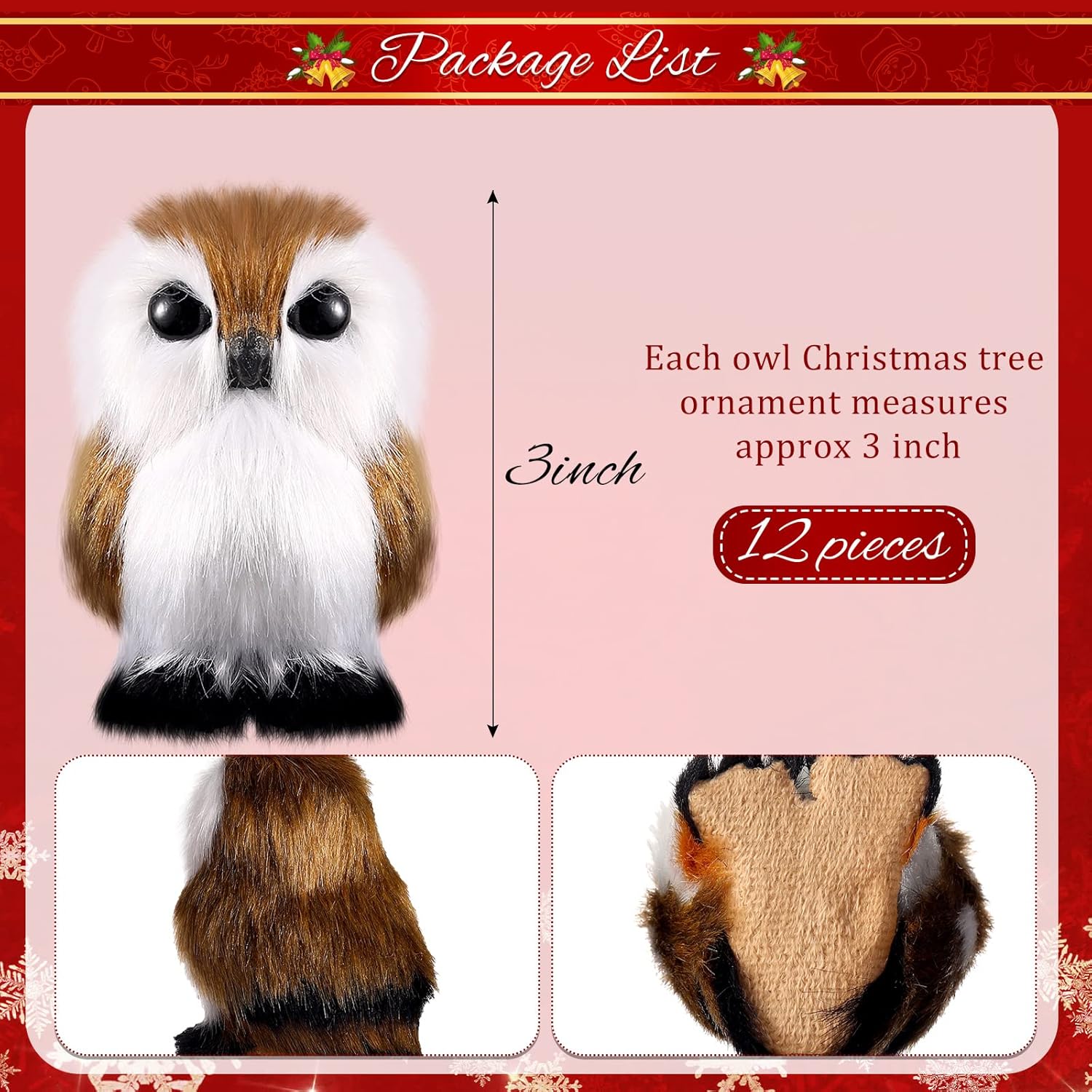 Sratte Adorno navideño de búho peludo, bonito búho colgante para árbol de Navidad, fiesta de carnaval (12 unidades, estilo marrón)