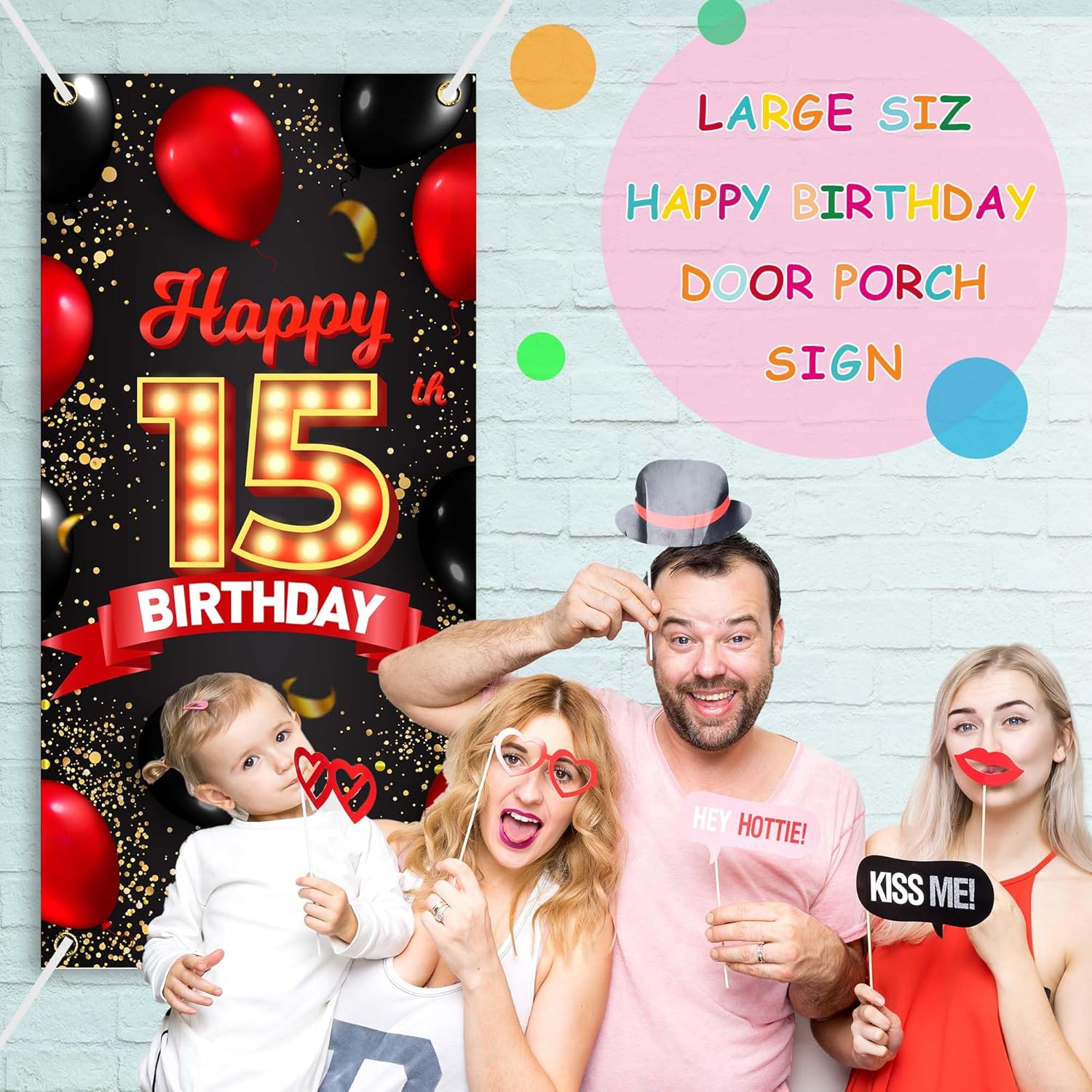 Cartel de feliz cumpleaños número 15 rojo y negro, globos de fondo para decoración temática para niñas y mujeres, princesas de 15 años, suministros