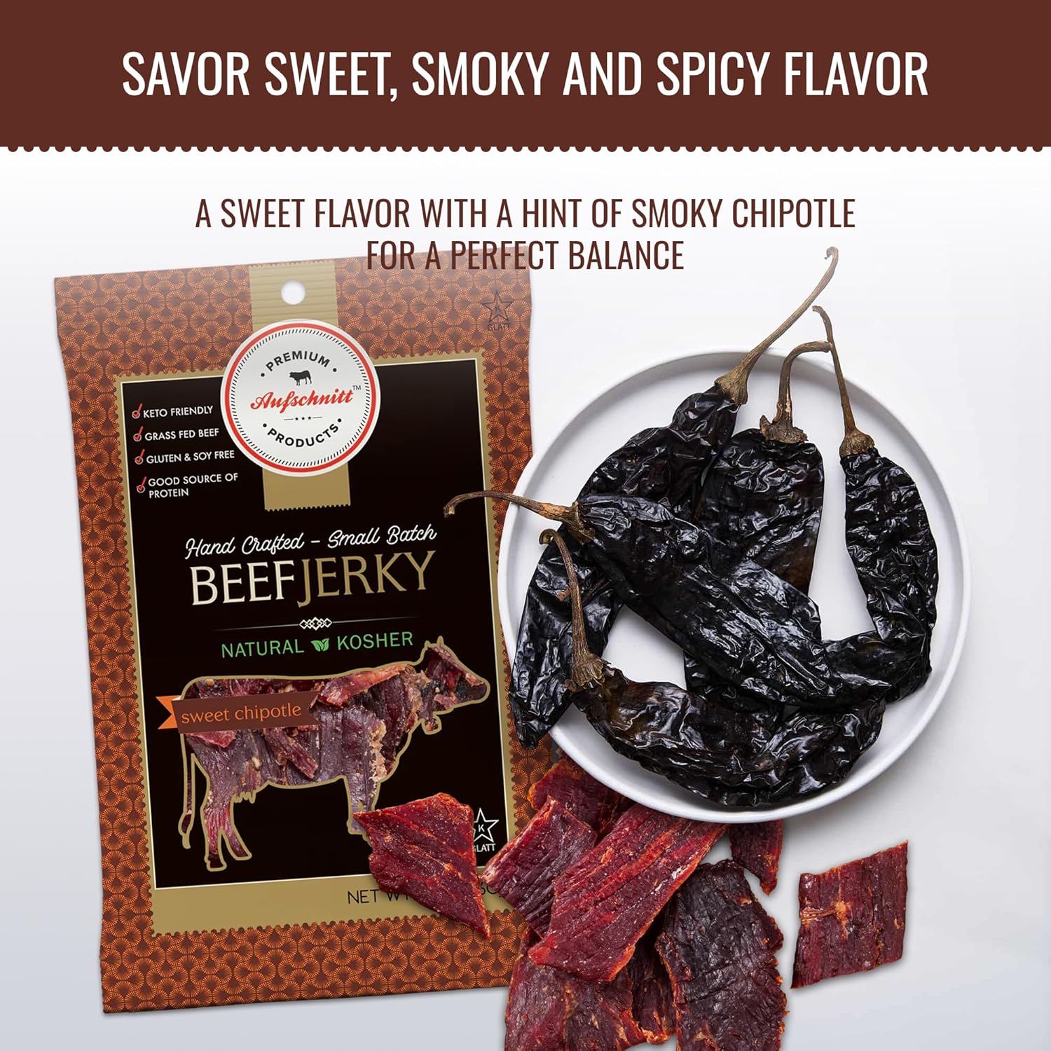 Aufschnitt Grass Fed Beef Jerky – Low Sodium, Certified Kosher – Halal and Keto Friendly – 24 Pack, Sweet Chipotle