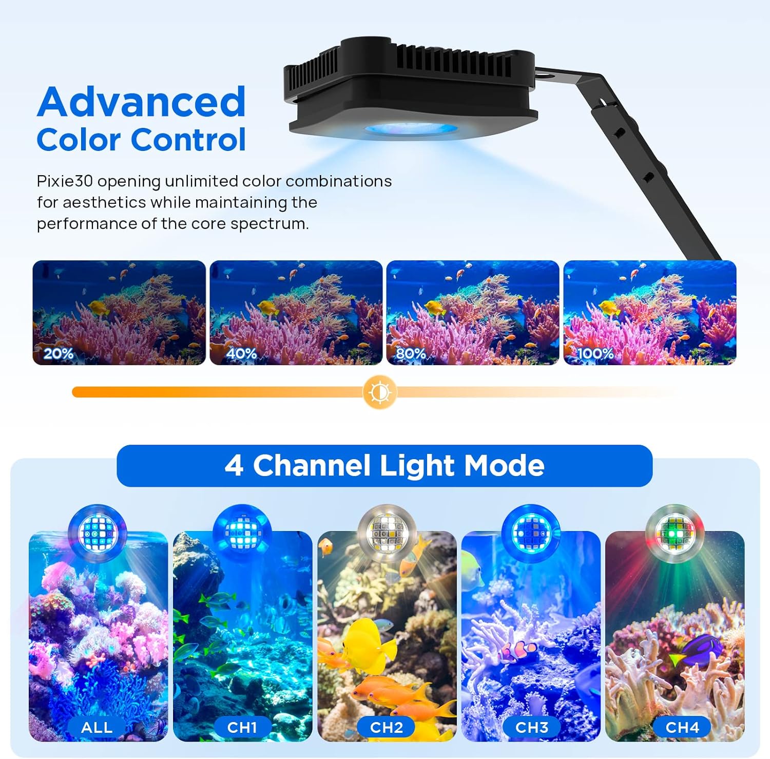 Lominie Luz LED para acuario, luz de espectro completo, luz plantada de agua salada, cuello de cisne ajustable para tanques de peces de coral de