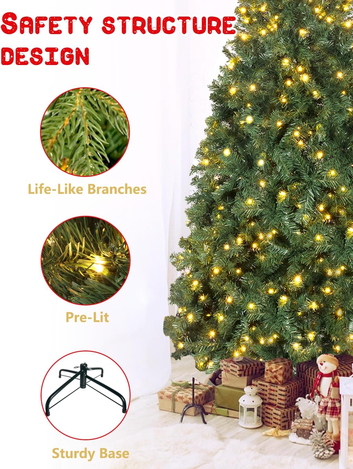 Árbol de abeto de Navidad artificial preiluminado de 7.5 pies con luces, árbol con bisagras de alta calidad para el hogar, oficina, decoración de