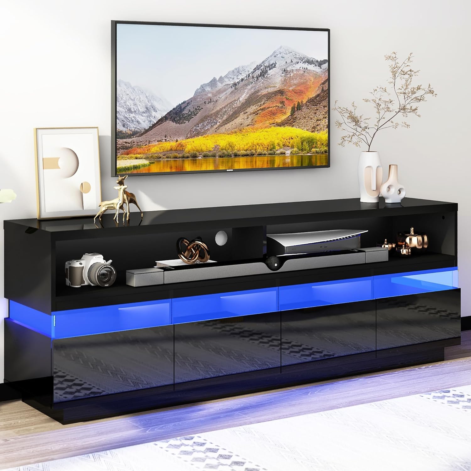 jiteentarou Soporte de TV LED de 66 pulgadas para TV de 606570 pulgadas, soporte de TV negro moderno de alto brillo con gran almacenamiento, centro