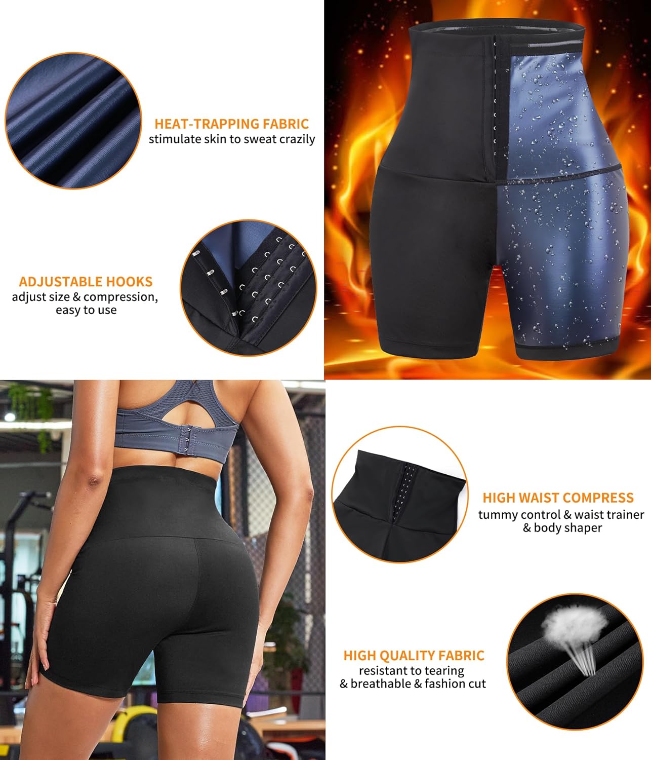 SCARBORO Pantalones cortos de sauna para mujer, cintura alta, entrenamiento, compresión, adelgazamiento, entrenamiento, sauna, traje moldeador
