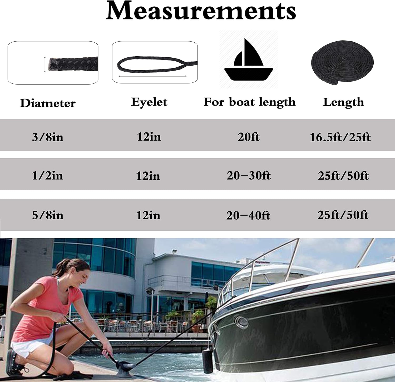 Dock Lines – Cuerdas de nailon de doble trenza para barco con ojales de 12 pulgadas de 25 o 50 pies de cuerda de barco de grado marino