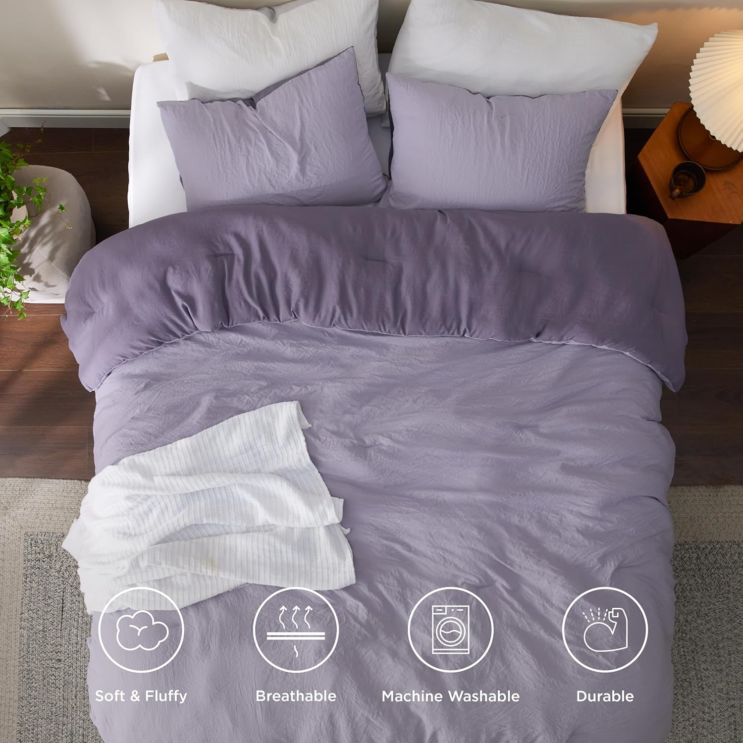 Bedsure Juego de edredón de cama tamaño Queen, edredón reversible morado prelavado para todas las estaciones, juego de cama cálido y suave, 1