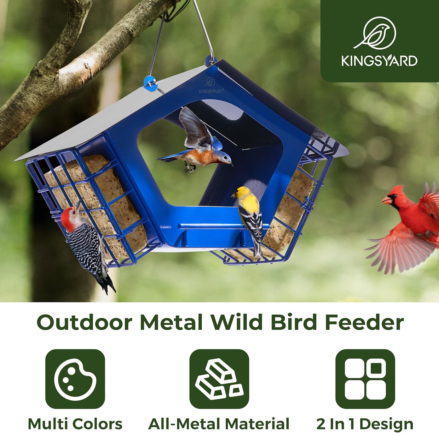 Kingsyard Comederos de metal para colgar en exteriores, alimentador de semillas mixtas 2 en 1 con jaulas dobles de sebo, techo de metal resistente a