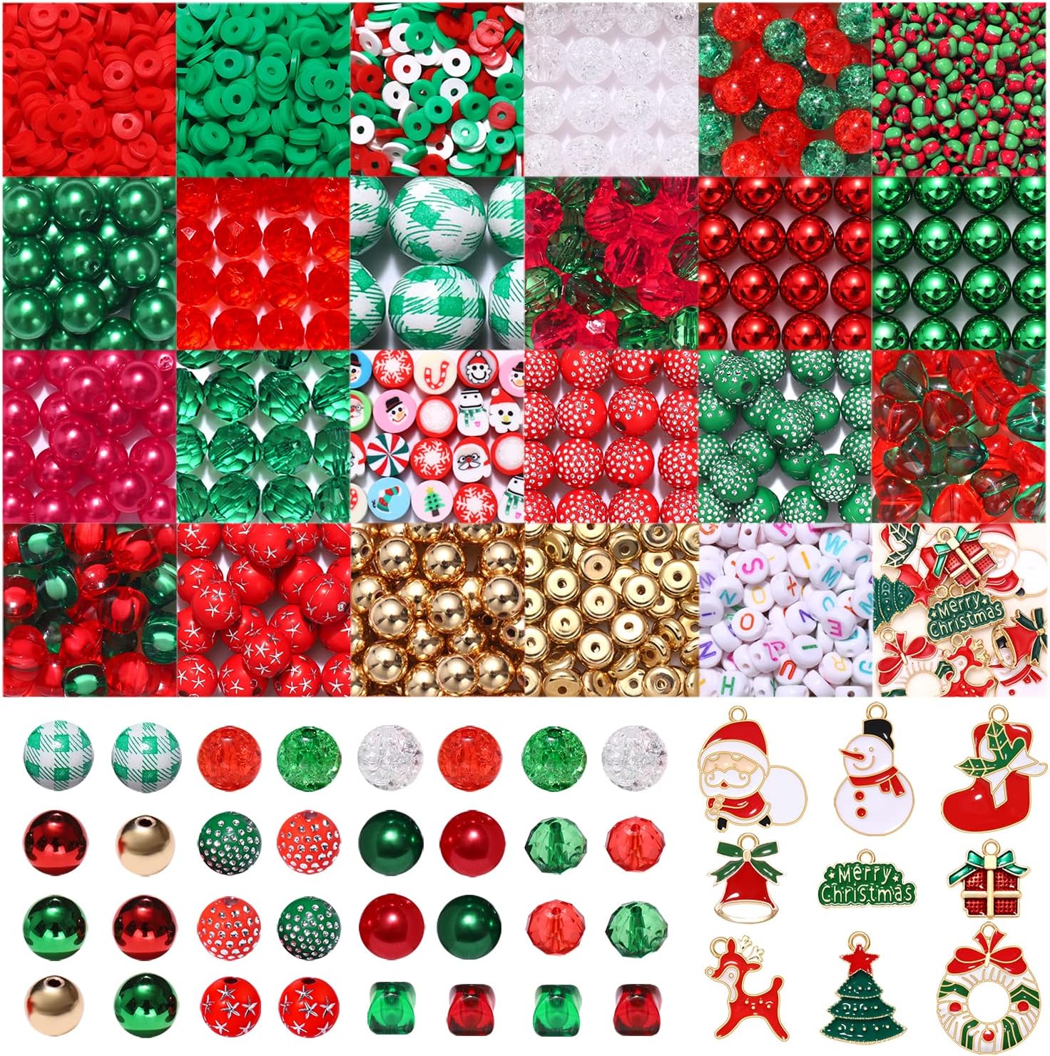 Más de 2465 cuentas de Navidad para fabricación de joyas, perlas Heishi rojas y verdes, cuentas sueltas redondas con árbol de Navidad, caja de