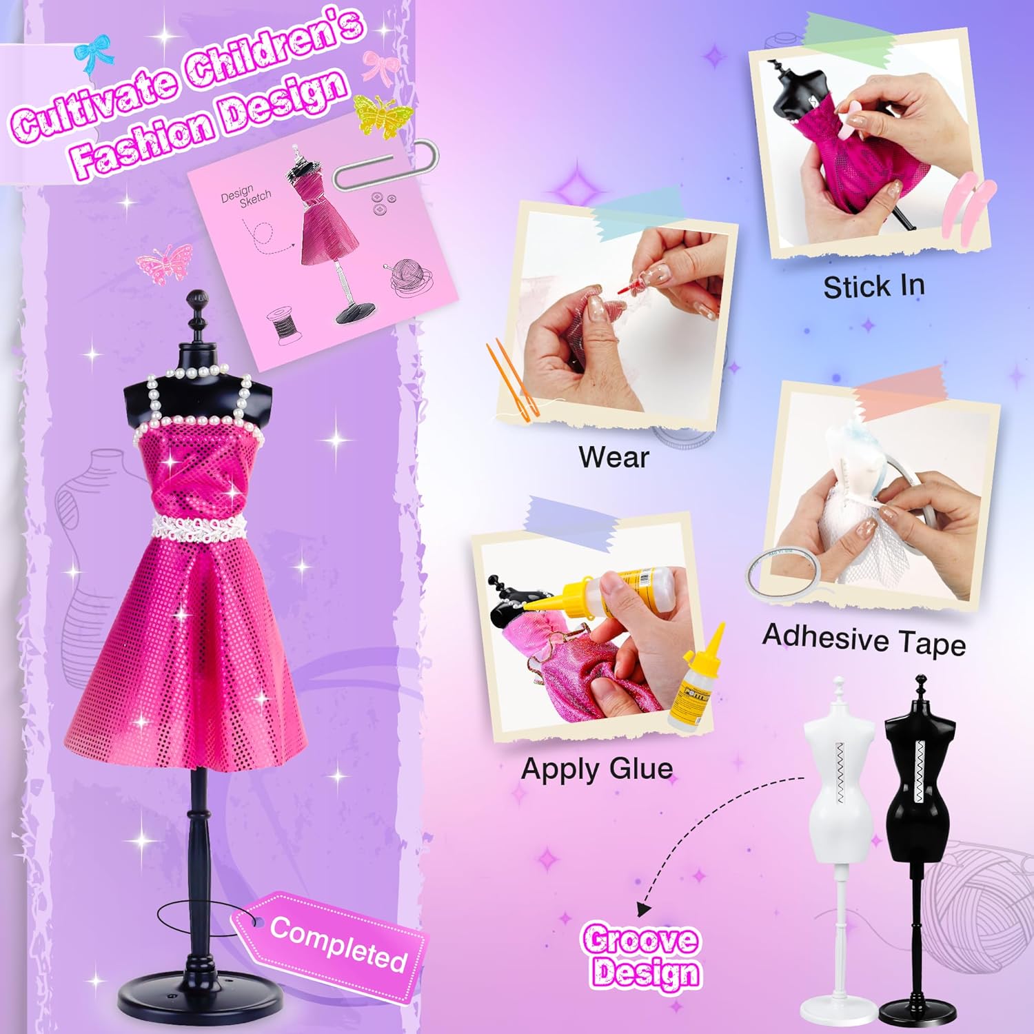 MINIFUN Kit de diseño de moda para niñas, kit de costura con 4 maniquíes, actividades de arte y manualidades para niños, kit de fabricación de ropa