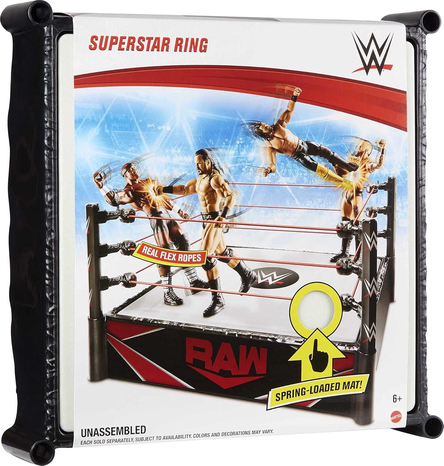 WWE Anillo Superstar (14 pulgadas) con alfombrilla de resorte y cuerdas flexibles reales para figuras de acción regalo para edades de 6 años en