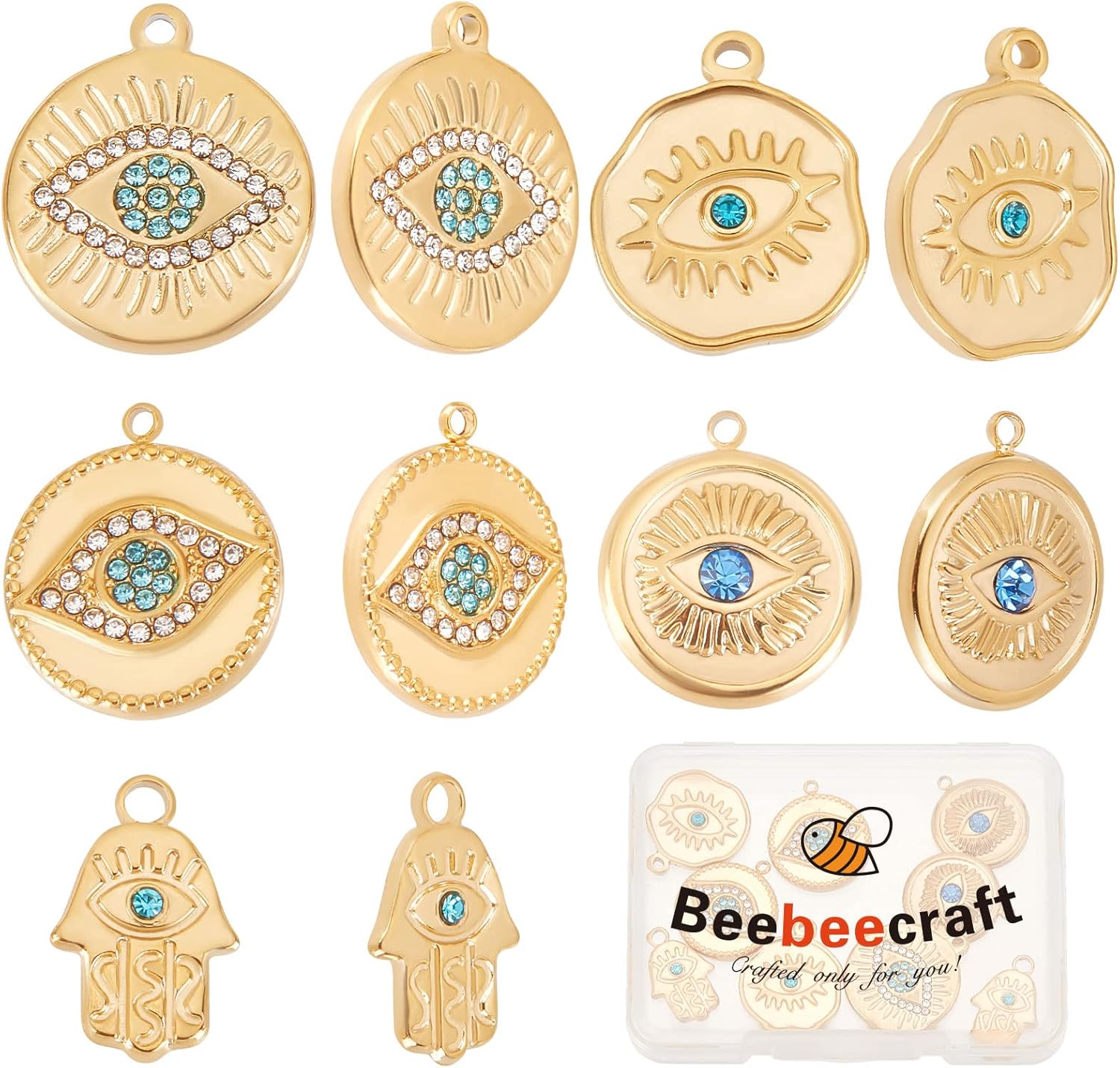 Beebeecraft 10 dijes de ojo malvado de 5 estilos, chapados en oro de 18 quilates, con diamantes de imitación redondos planos irregulares para