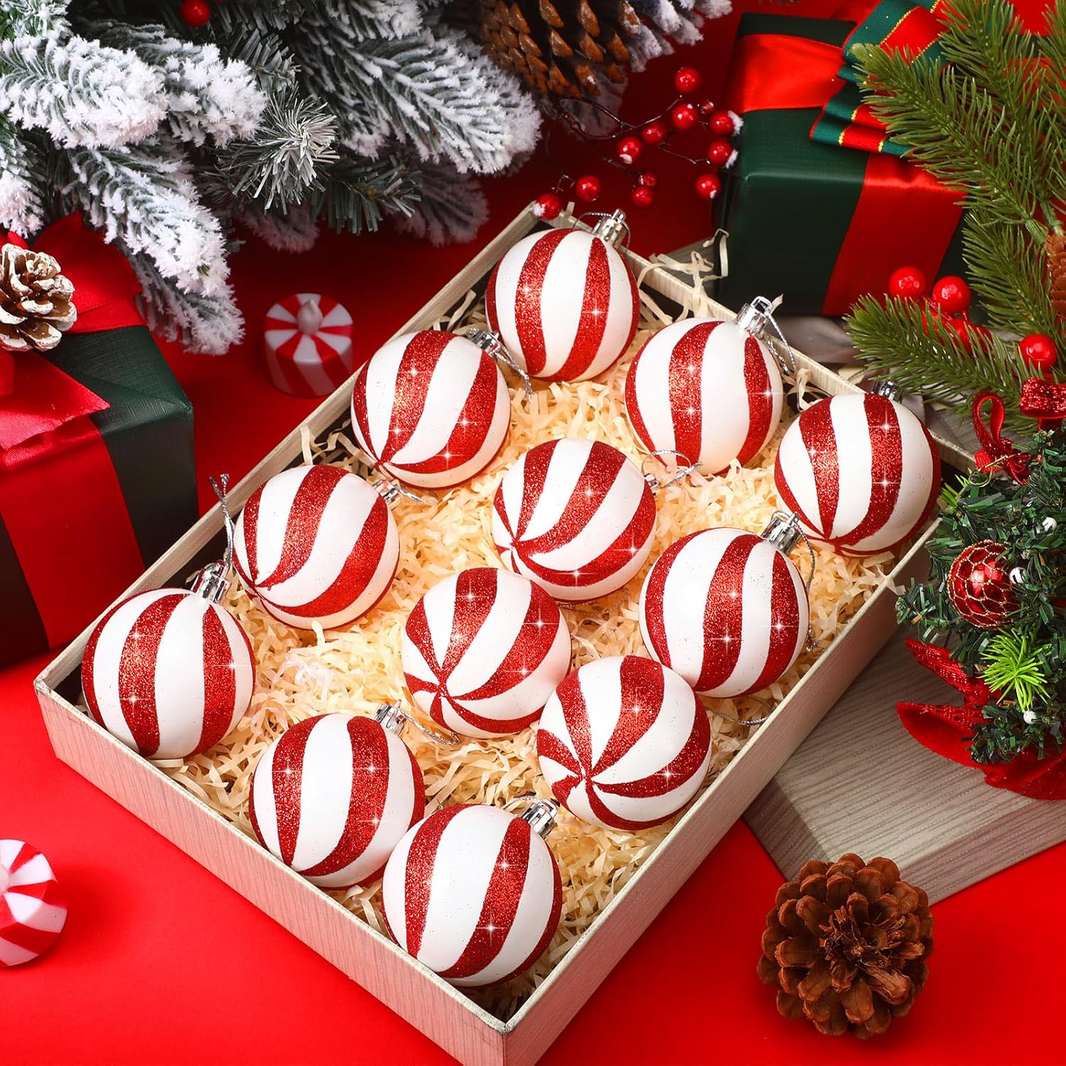20 bolas de Navidad de 2.36 pulgadas, colgantes de plástico, adornos colgantes para árbol de Navidad, bolas rojas y blancas de menta para árbol de