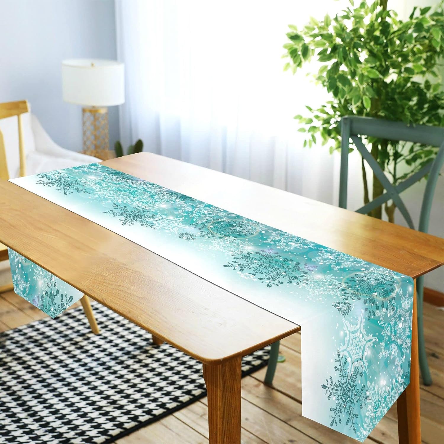 ALAZA Camino de mesa de Navidad de doble cara con copos de nieve de invierno, color verde azulado, turquesa, 14 x 108 pulgadas de largo, mantel para