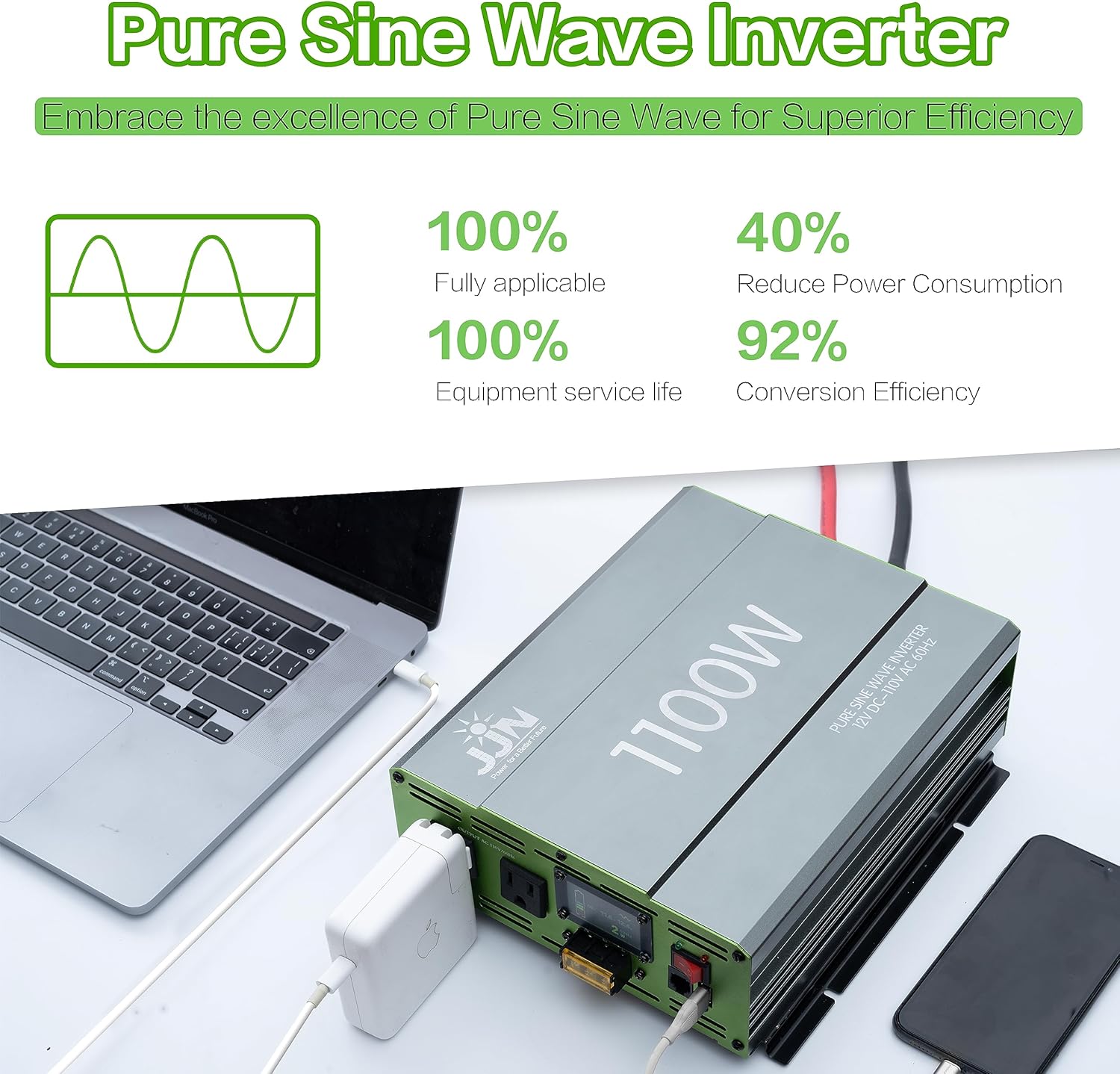 Inversor de onda sinusoidal pura de 1100 W, CC 12 V a CA 110 V120 V, convertidor con pantalla digital LCD, control remoto con cable, inversor de