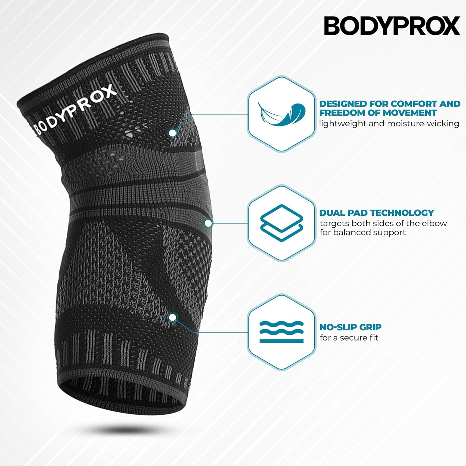 Bodyprox Manga de compresión de codo  Soporte mejorado para codo de tenis, codo de golfista y dolor general de codo  Transpirable, ajuste cómodo,