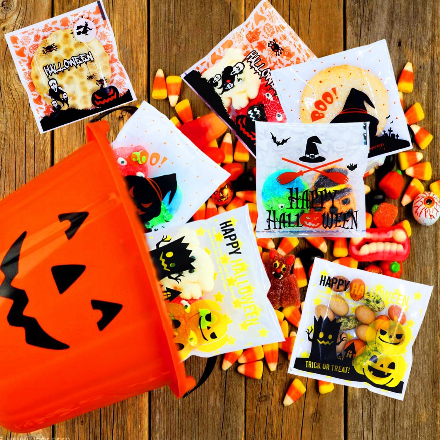 MOLIDA 300 bolsas de dulces de celofán de Halloween, bolsas transparentes para dulces de galletas con adhesivo Sslf para suministros de fiesta de