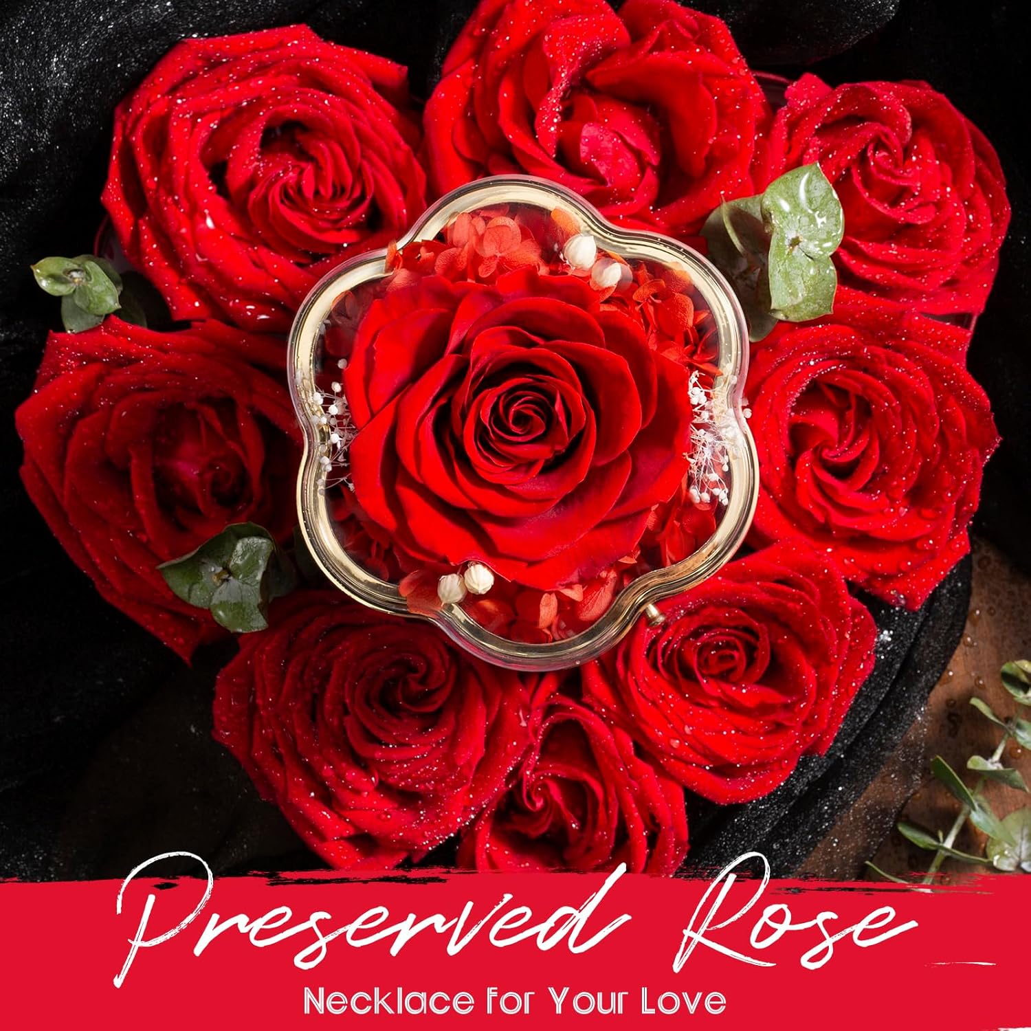 TIANFU Regalos para mamá para el día de la madre, rosa real preservada con collar para mujer, flores eternas, regalos de rosas para mamá, esposa,