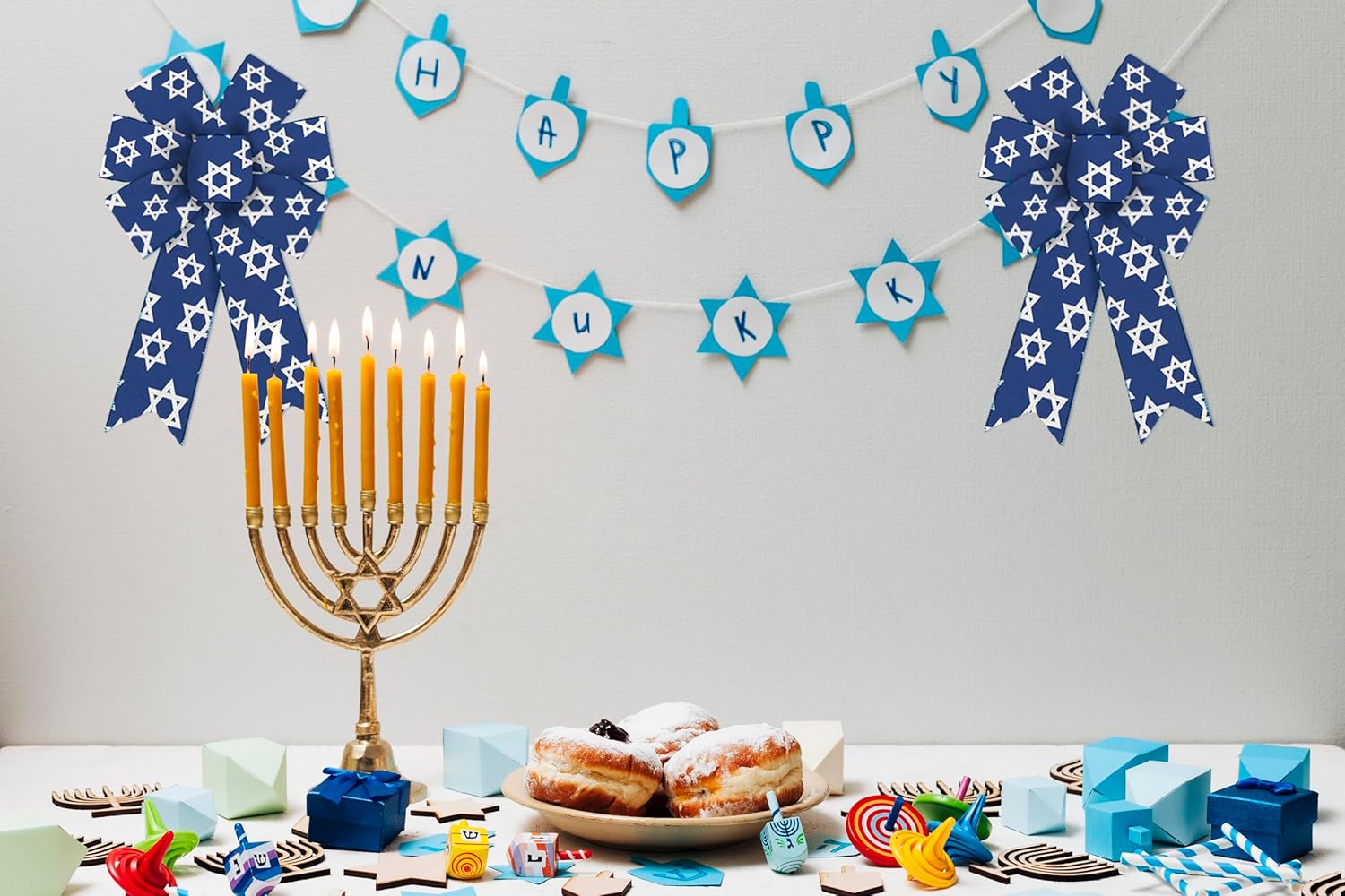 2 lazos de Hanukkah para corona, lazos de corona azul de Navidad judía, lazos rústicos de granja para puerta delantera, adornos de pared de la