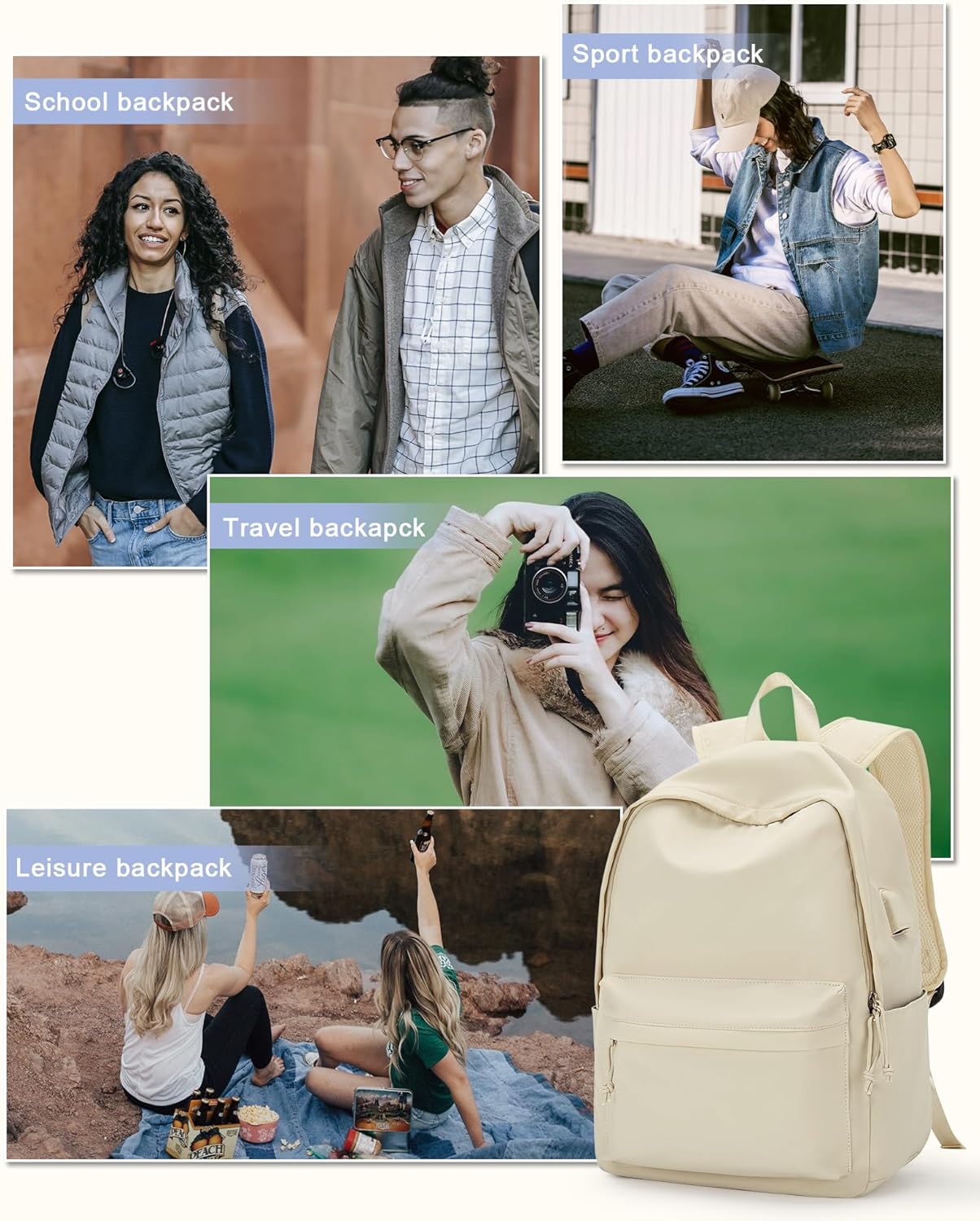 VECAVE Mochila ligera para mujeres y hombres, mochila casual de viaje para laptop, A1-beige-1, Mochila Causal